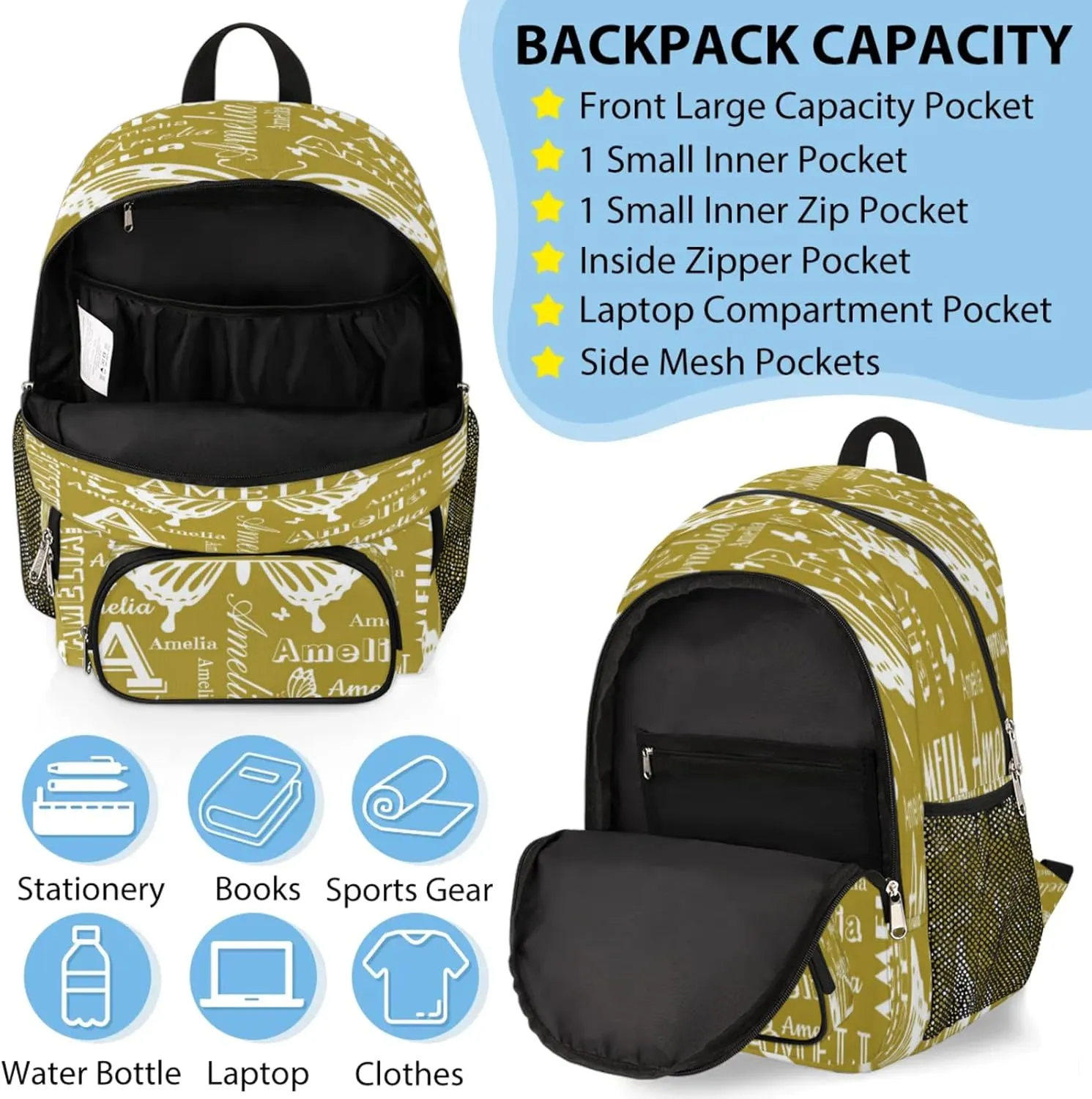 Custom Backpacks with Lunch Bag Set for Women Men, Personalized Name Backpack and Portable Lunch Box, Lightweight Brown Butterfly BackPack