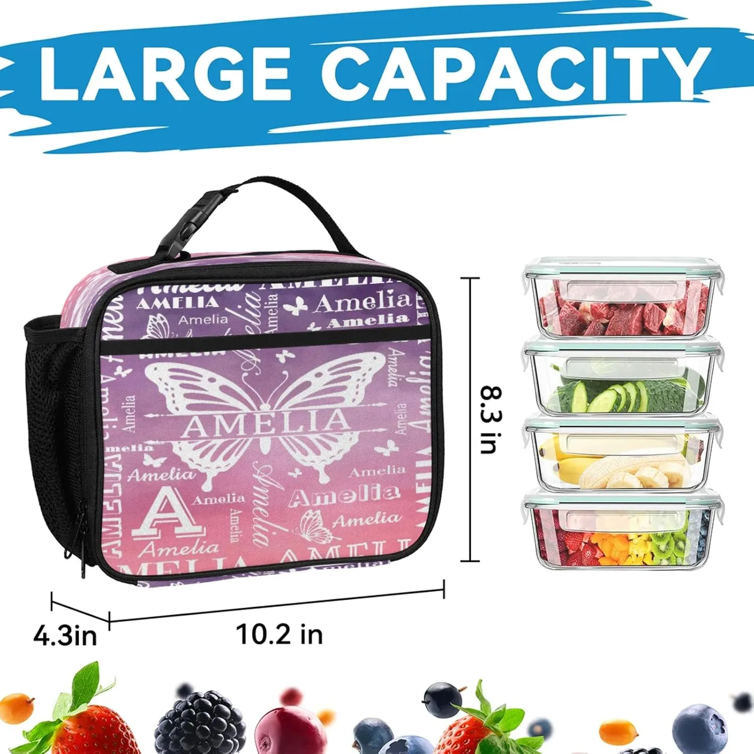 Custom Backpacks with Lunch Bag Set for Women Men, Personalized Name Backpack and Portable Lunch Box, Lightweight Colourful Patterns Butterfly BackPack
