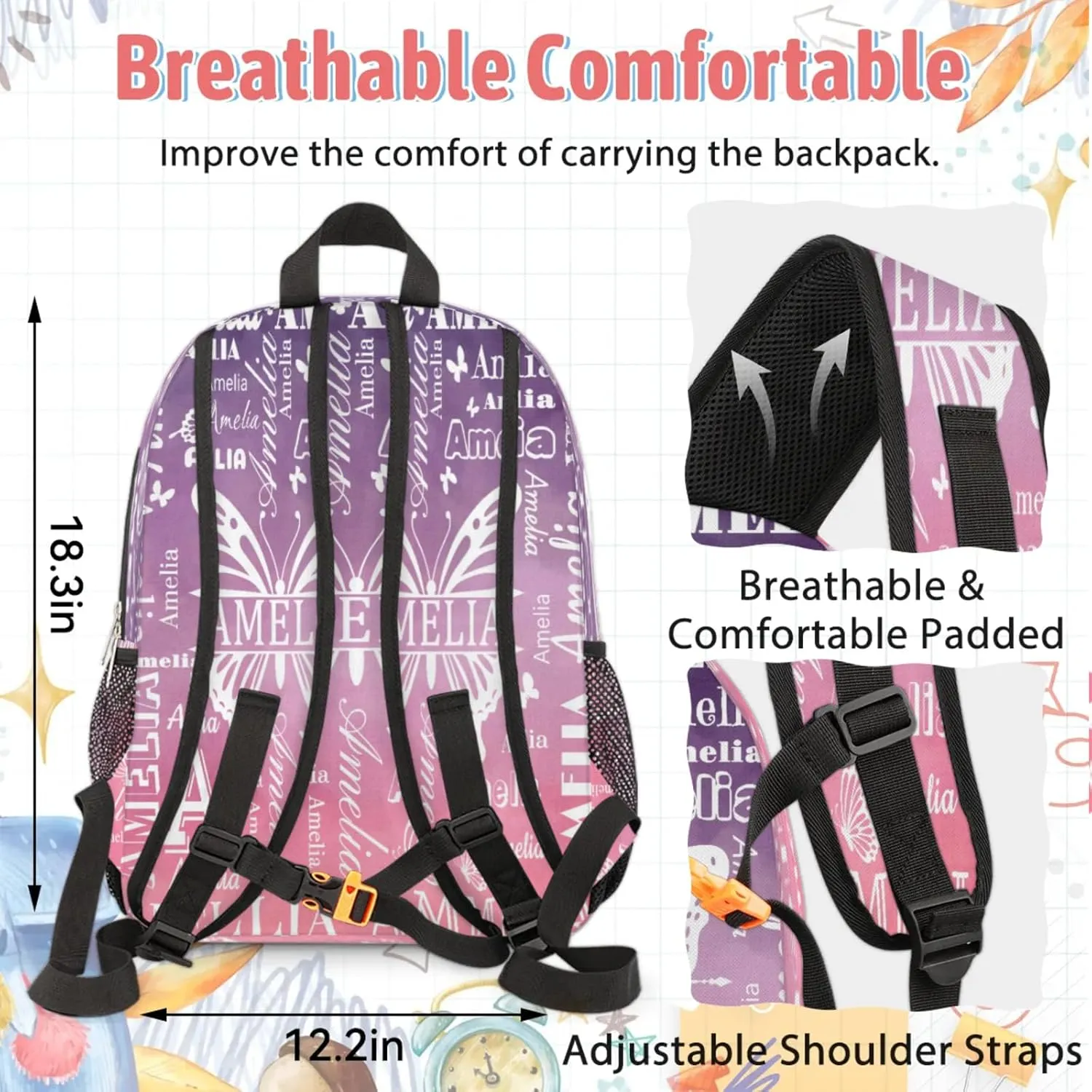 Custom Backpacks with Lunch Bag Set for Women Men, Personalized Name Backpack and Portable Lunch Box, Lightweight Colourful Patterns Butterfly BackPack
