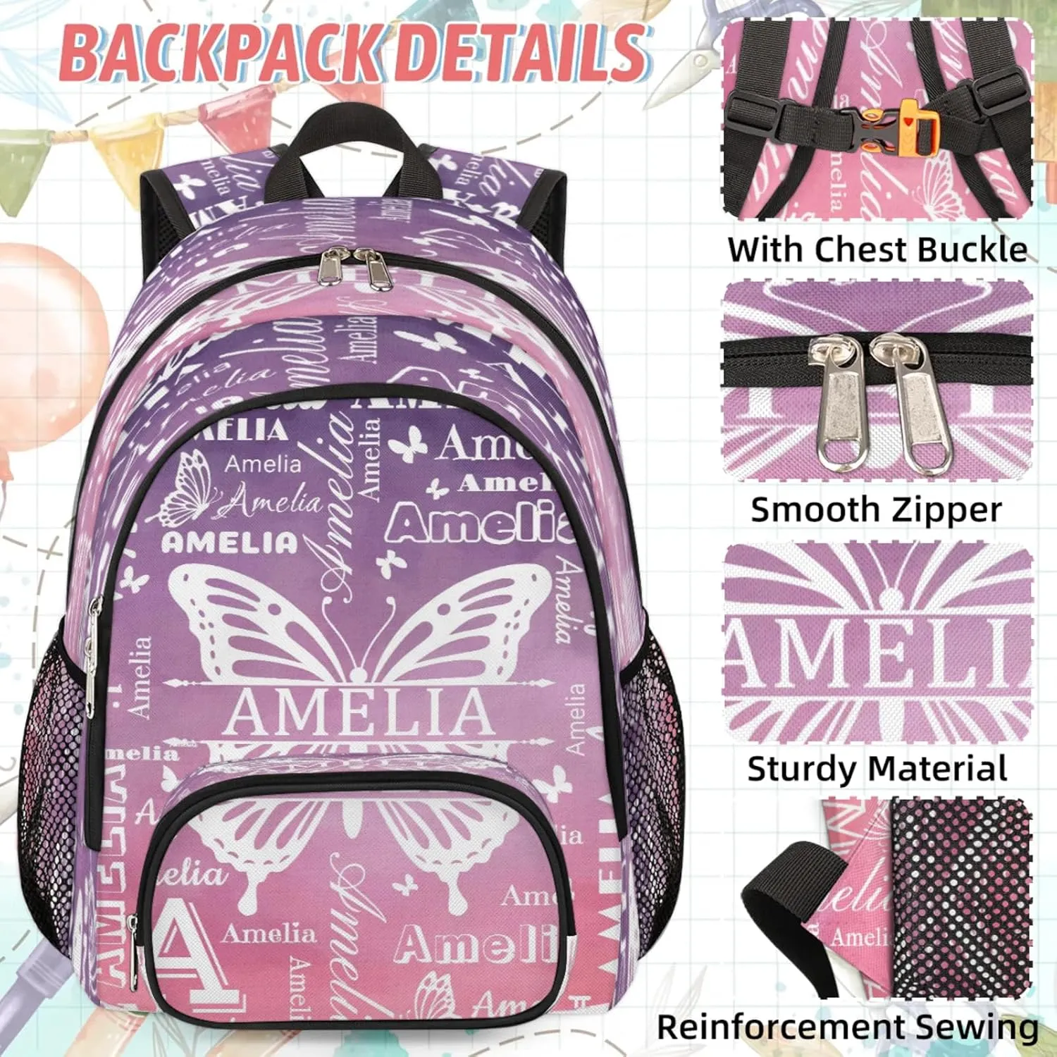 Custom Backpacks with Lunch Bag Set for Women Men, Personalized Name Backpack and Portable Lunch Box, Lightweight Colourful Patterns Butterfly BackPack