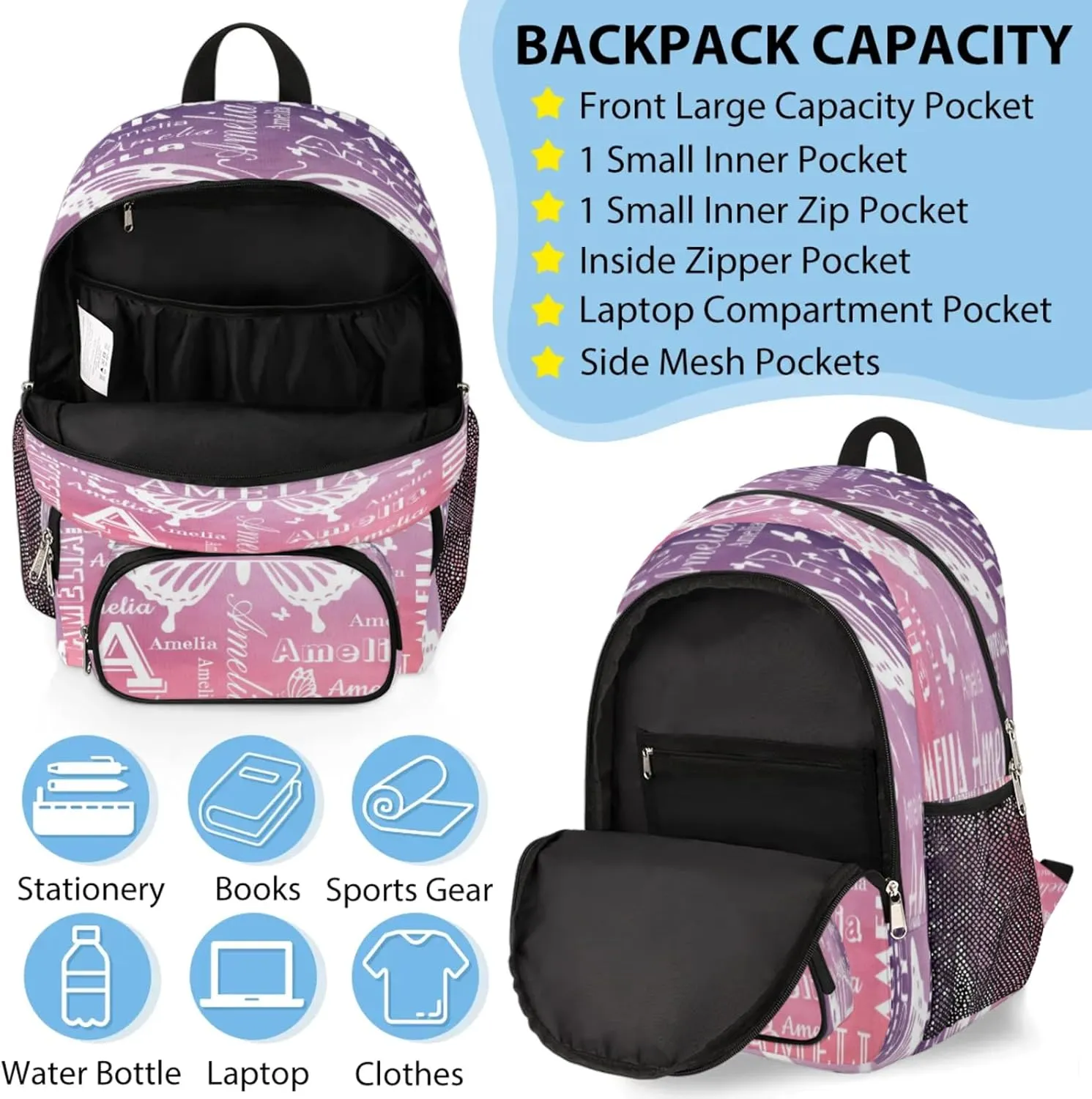 Custom Backpacks with Lunch Bag Set for Women Men, Personalized Name Backpack and Portable Lunch Box, Lightweight Colourful Patterns Butterfly BackPack