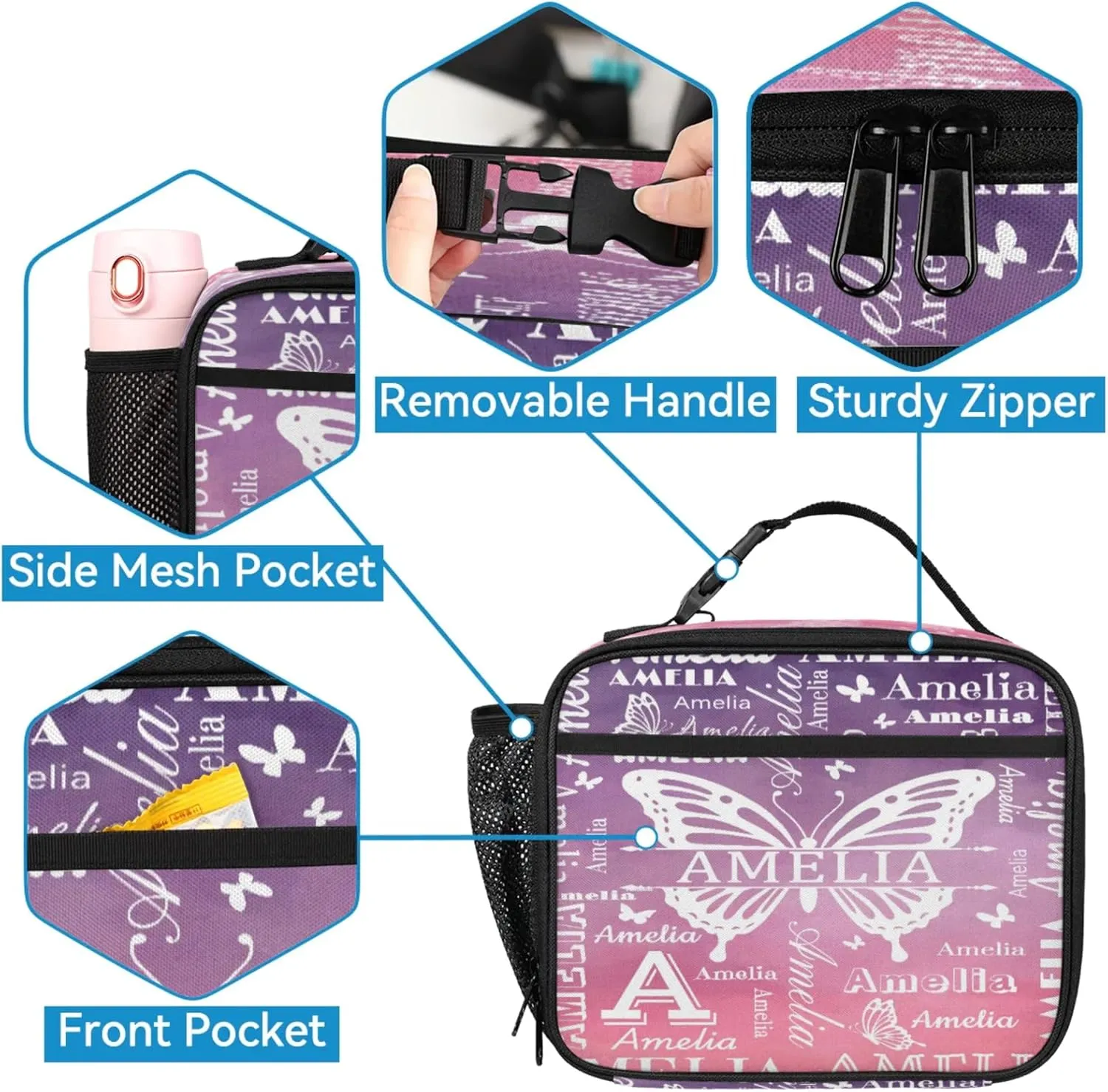 Custom Backpacks with Lunch Bag Set for Women Men, Personalized Name Backpack and Portable Lunch Box, Lightweight Colourful Patterns Butterfly BackPack