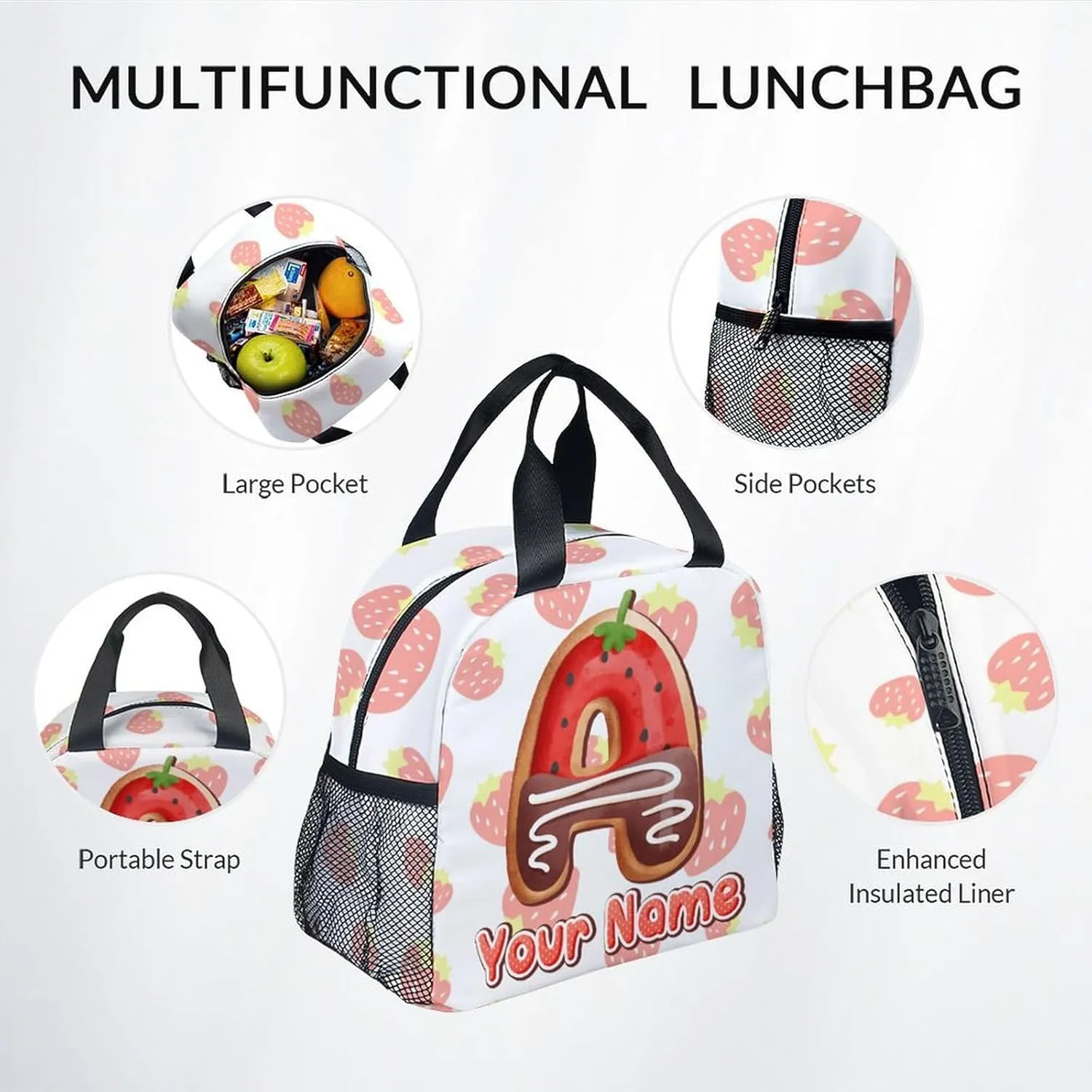 Custom Bookbag with Lunch Box, Strawberry Backpack for Girls, Personalized Kids Backpacks with Name, 17 Inch Cute Monogram Chocolate Bookbag with Pencil Case