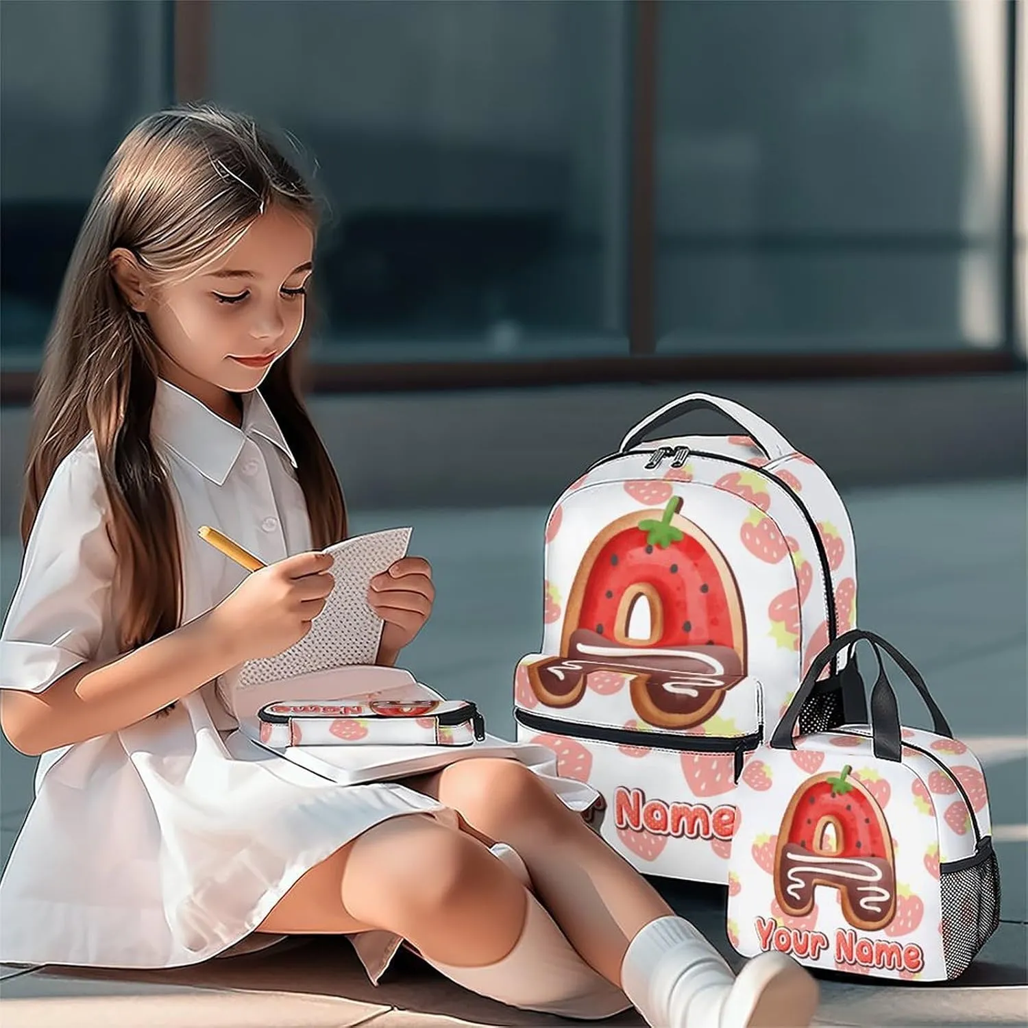 Custom Bookbag with Lunch Box, Strawberry Backpack for Girls, Personalized Kids Backpacks with Name, 17 Inch Cute Monogram Chocolate Bookbag with Pencil Case