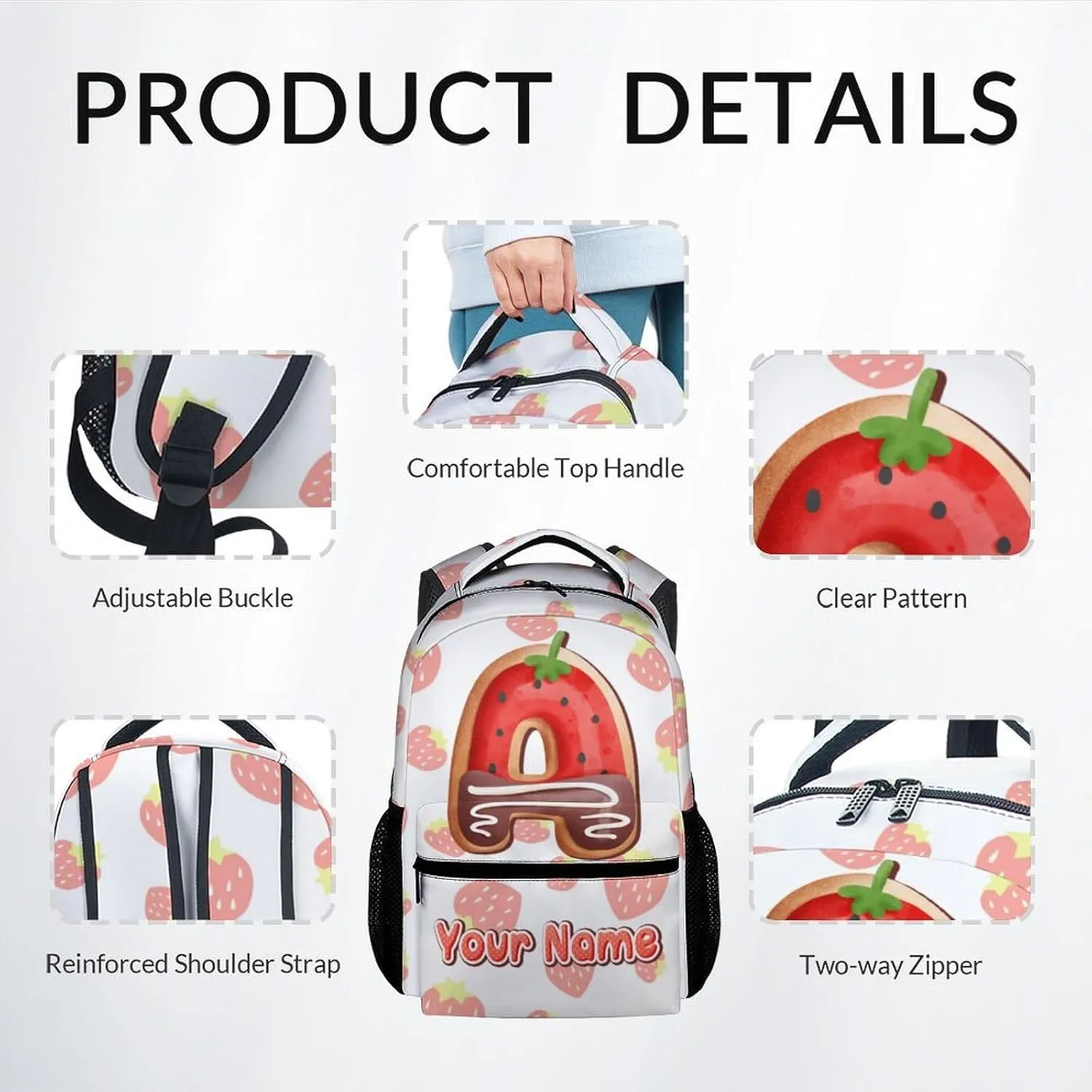 Custom Bookbag with Lunch Box, Strawberry Backpack for Girls, Personalized Kids Backpacks with Name, 17 Inch Cute Monogram Chocolate Bookbag with Pencil Case