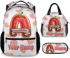 Custom Bookbag with Lunch Box, Strawberry Backpack for Girls, Personalized Kids Backpacks with Name, 17 Inch Cute Monogram Chocolate Bookbag with Pencil Case