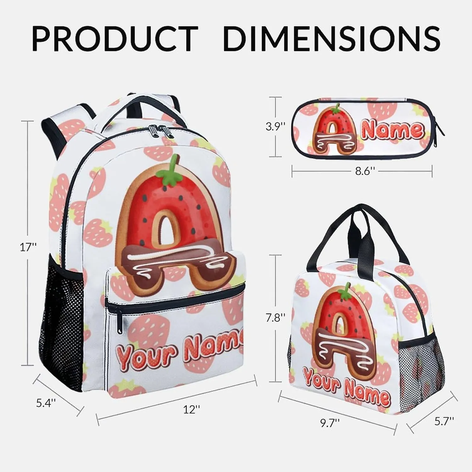 Custom Bookbag with Lunch Box, Strawberry Backpack for Girls, Personalized Kids Backpacks with Name, 17 Inch Cute Monogram Chocolate Bookbag with Pencil Case