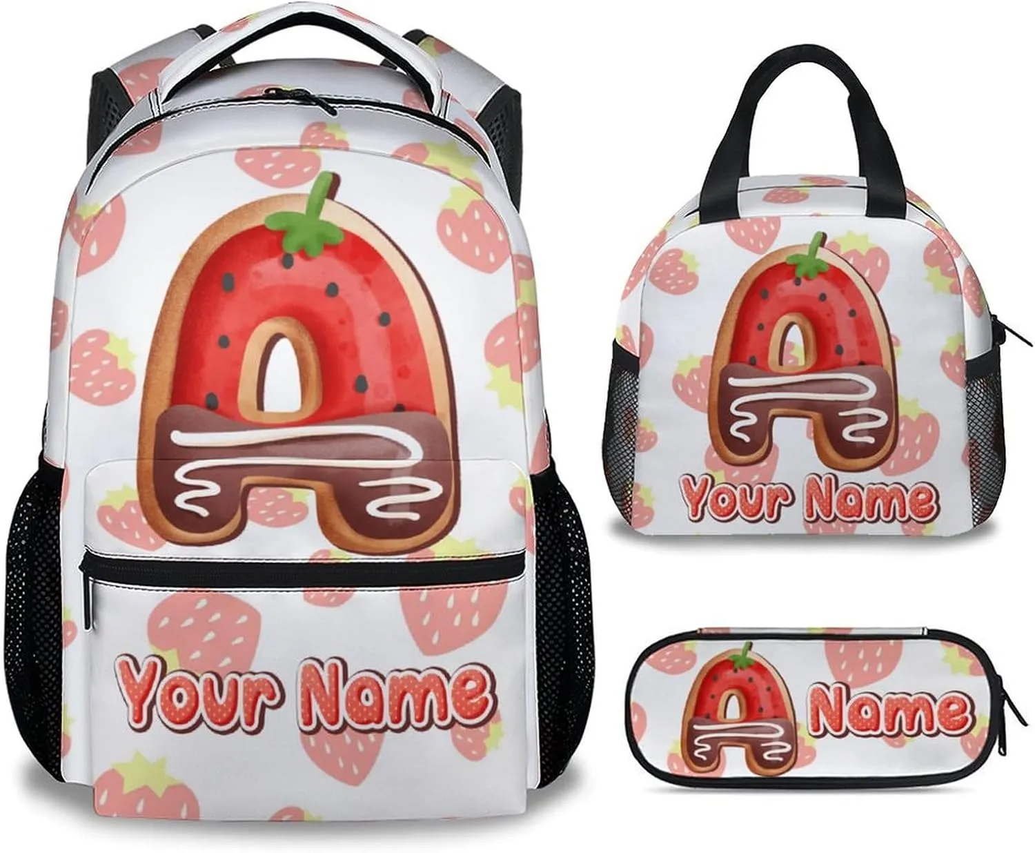Custom Bookbag with Lunch Box, Strawberry Backpack for Girls, Personalized Kids Backpacks with Name, 17 Inch Cute Monogram Chocolate Bookbag with Pencil Case