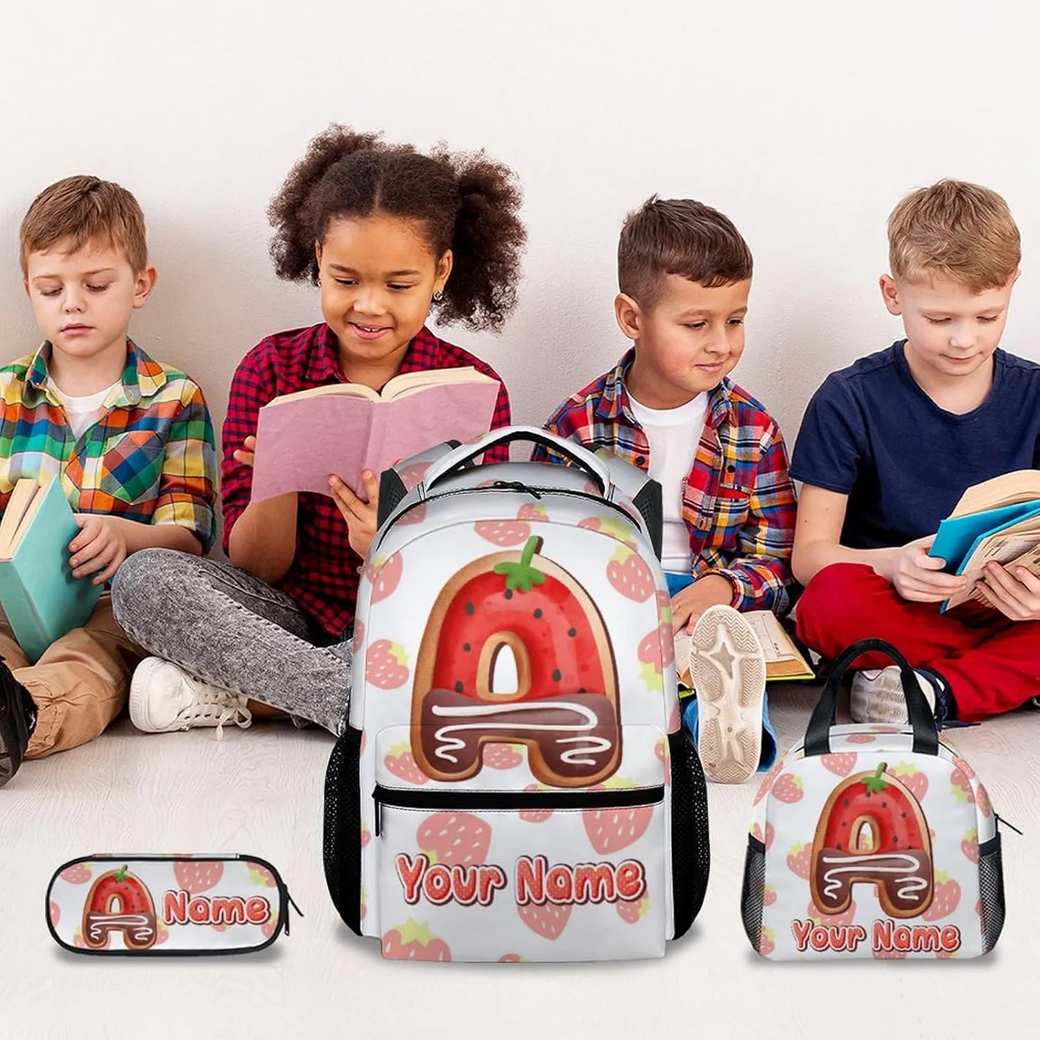 Custom Bookbag with Lunch Box, Strawberry Backpack for Girls, Personalized Kids Backpacks with Name, 17 Inch Cute Monogram Chocolate Bookbag with Pencil Case