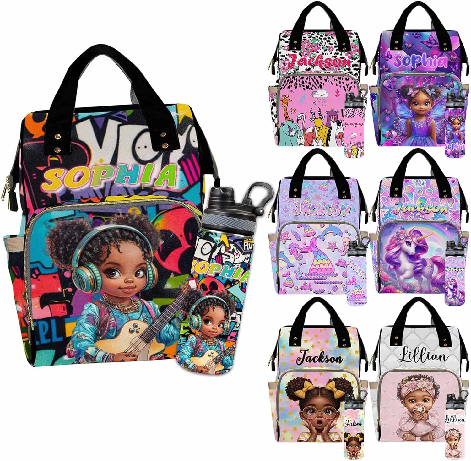 Custom Diaper Bag for Girls Personalized Diaper Bag Backpack &Insulated Water Bottle with Name Custom Monogram Baby Travel Bag Nursing Diaper Mommy Backpack with Adjustable Shoulder Straps Nappy Bag