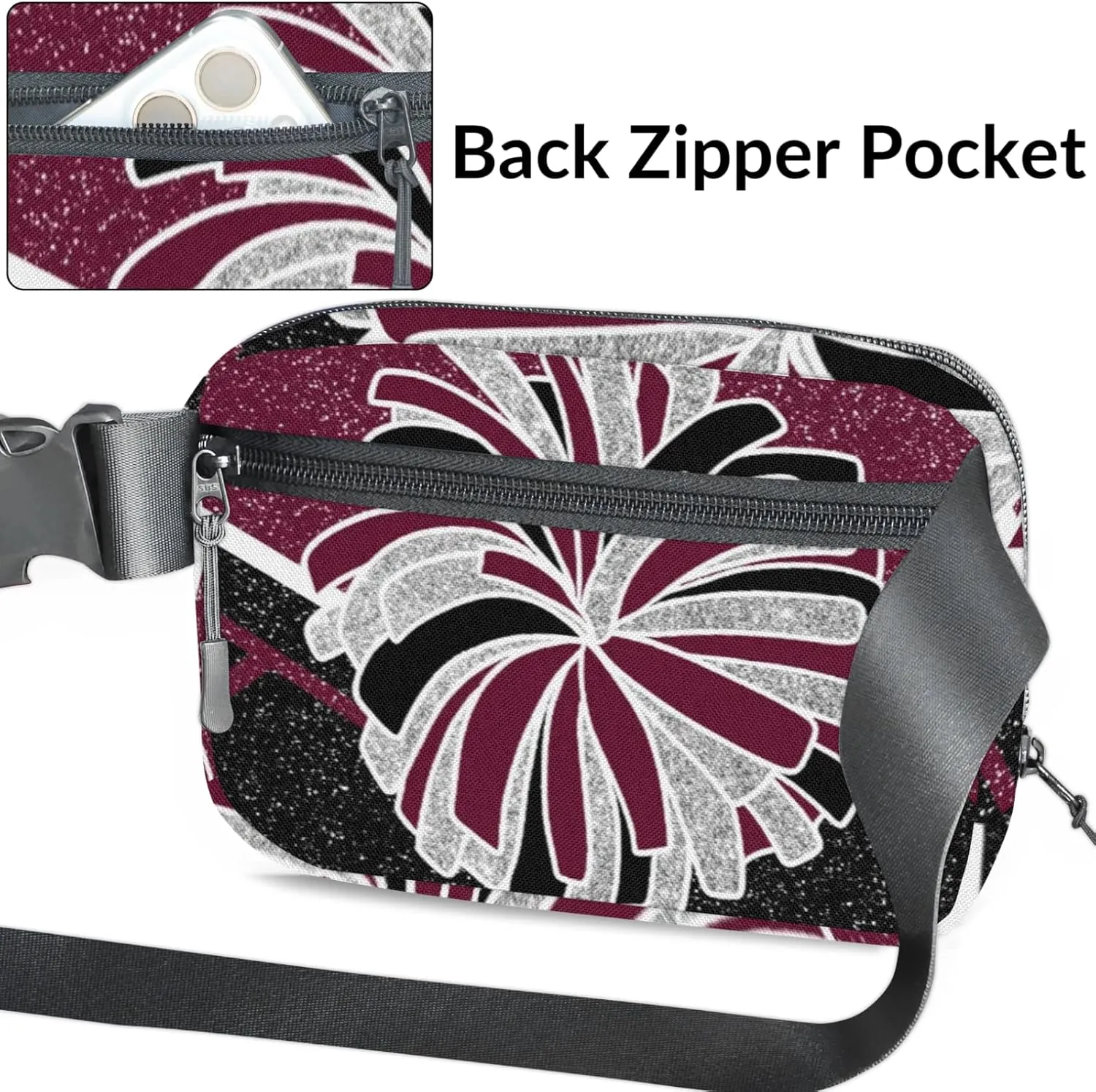 Custom Fanny Pack, Cheerleader Cheer Belt Bag for Women Men, Personalized Unisex Crossbody Travel Waist Bag Maroon Black