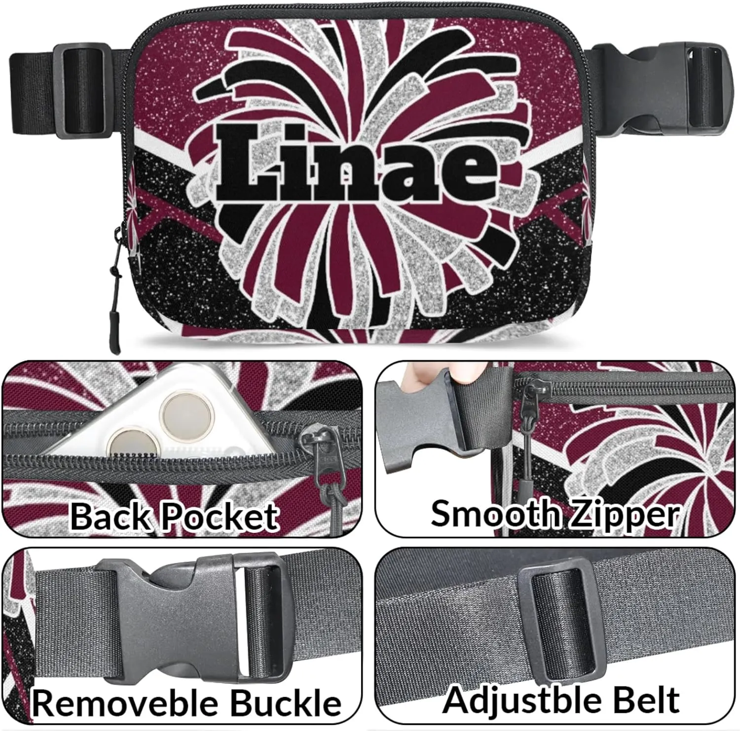 Custom Fanny Pack, Cheerleader Cheer Belt Bag for Women Men, Personalized Unisex Crossbody Travel Waist Bag Maroon Black