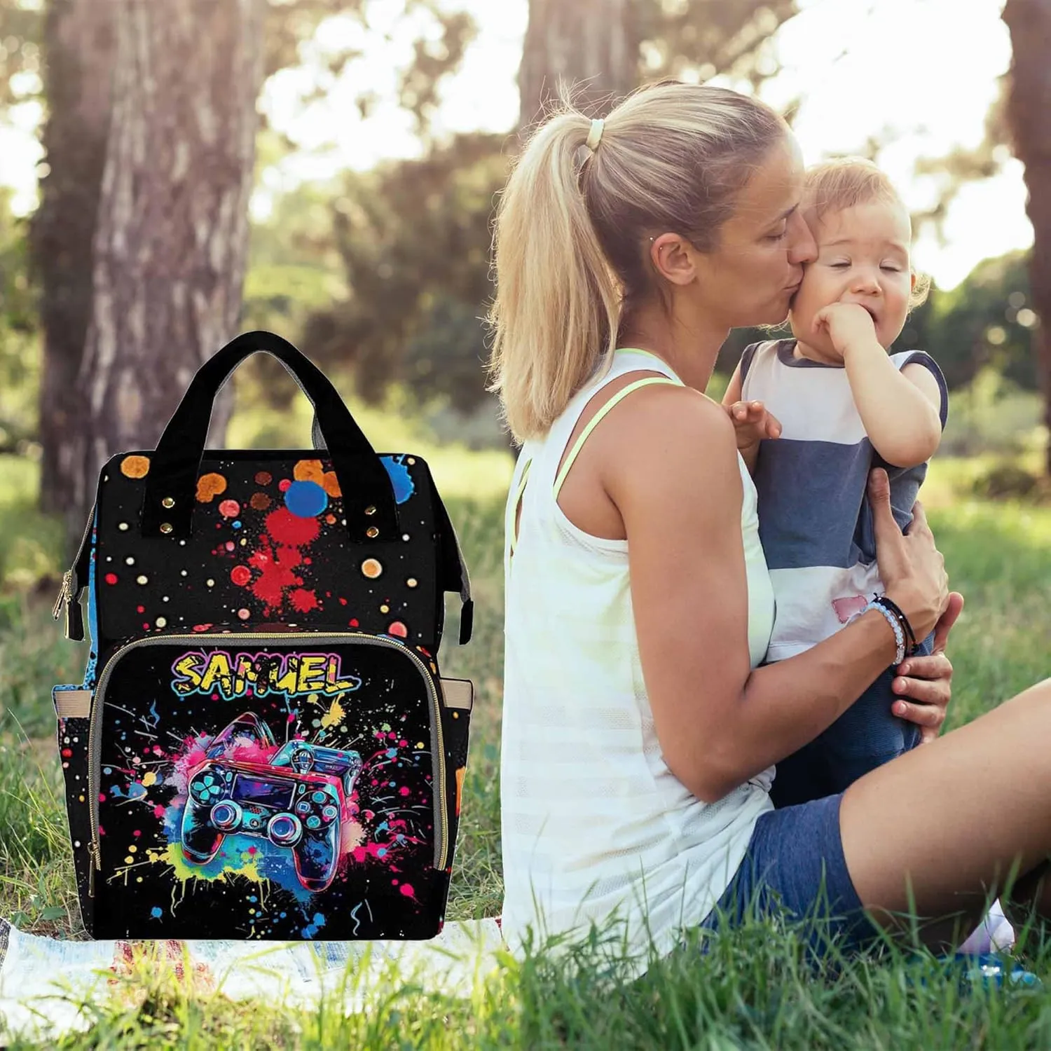 Custom Game Player Diaper Bag for Baby Boys Personalized Name Diaper Bag Backpack with Changing Station Customized Travel School Bag Outdoor Nursing Nappy Mommy Backpack with Adjustable Shoulder Strap