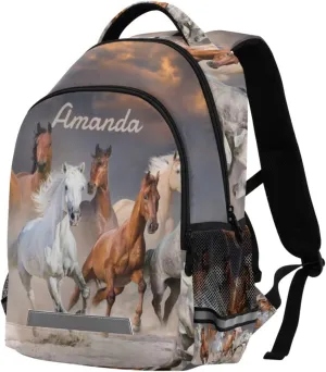Custom Horse Backpack for Girls Boys Personalized School Bookbag with Your Name 3D Desert Animal Horses Elementary Schoolbag Customization Kids Book Bags 3rd 4th 5th Grade Laptop Casual Daypack