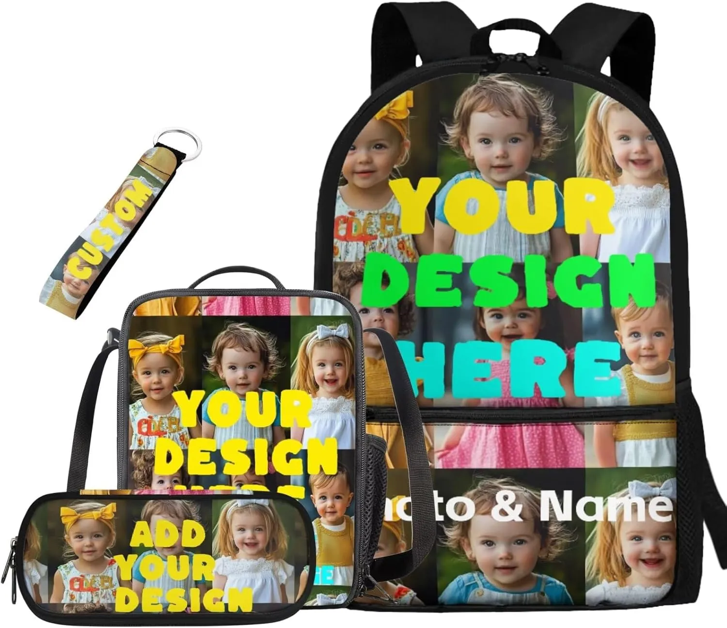 Custom Kids Backpack Sets for Girls Boys Cute School Backpack with Lunch Bag Pencil Box Keychain 4Pcs Kids Bookbags for Elementary Middle School Back to School Gifts for Kids