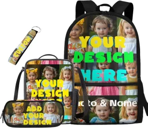 Custom Kids Backpack Sets for Girls Boys Cute School Backpack with Lunch Bag Pencil Box Keychain 4Pcs Kids Bookbags for Elementary Middle School Back to School Gifts for Kids