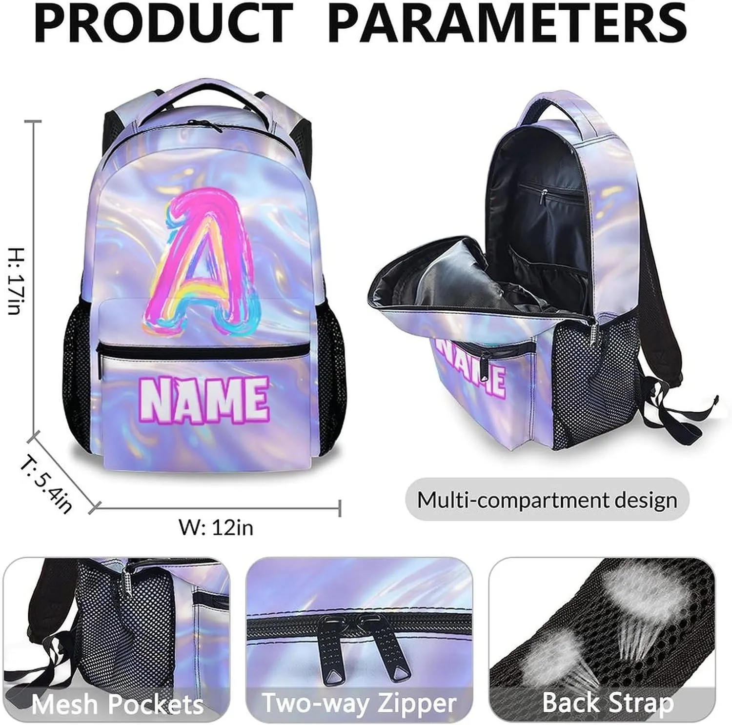 Custom Kids Backpacks, Set of 3 Monogram Backpack with Pencil Case Bundle for Girls, Personalized Initial Letter Bookbag with Lunchbag Matching Combo for Kindergarten Preschool Elementary