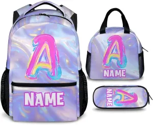 Custom Kids Backpacks, Set of 3 Monogram Backpack with Pencil Case Bundle for Girls, Personalized Initial Letter Bookbag with Lunchbag Matching Combo for Kindergarten Preschool Elementary