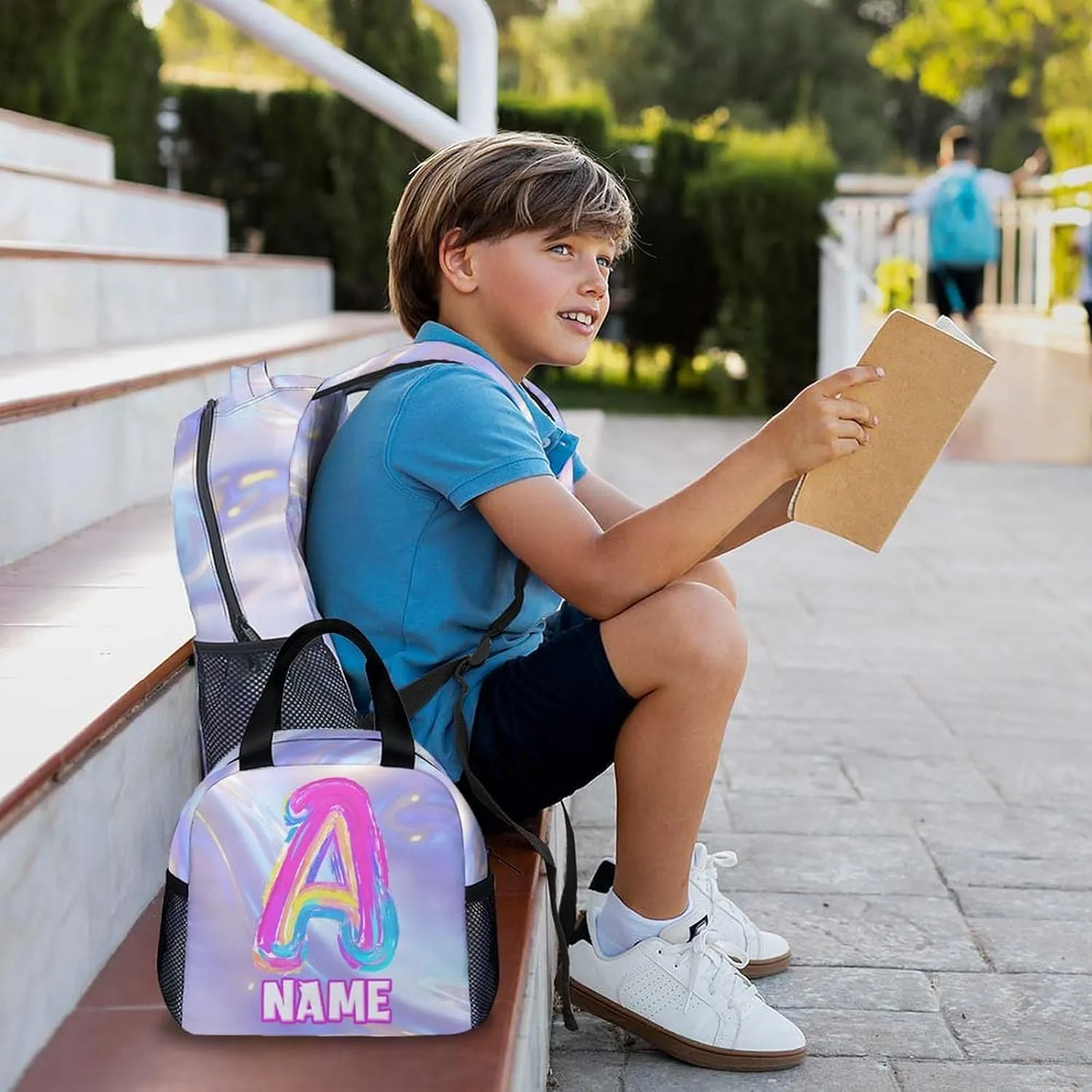 Custom Kids Backpacks, Set of 3 Monogram Backpack with Pencil Case Bundle for Girls, Personalized Initial Letter Bookbag with Lunchbag Matching Combo for Kindergarten Preschool Elementary