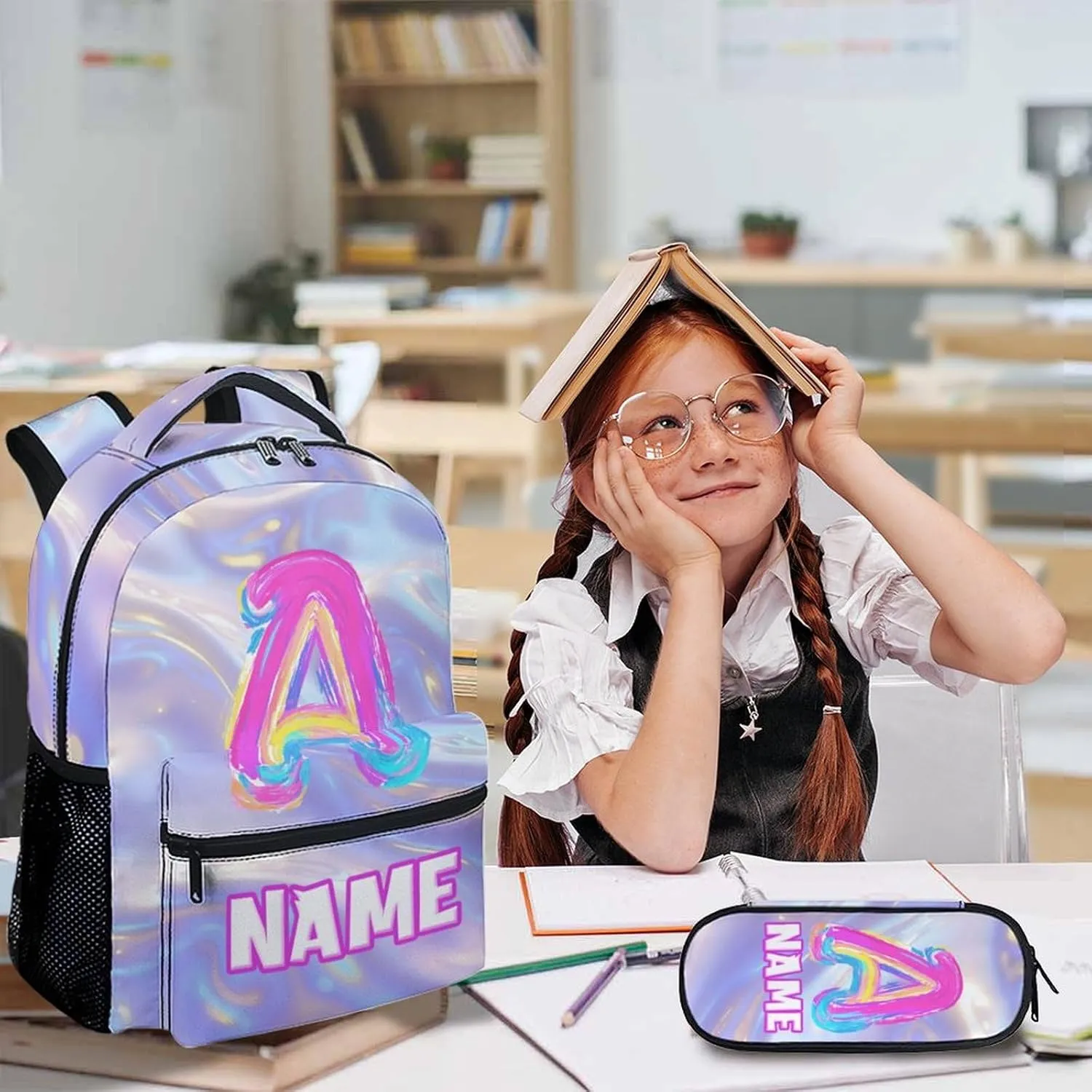 Custom Kids Backpacks, Set of 3 Monogram Backpack with Pencil Case Bundle for Girls, Personalized Initial Letter Bookbag with Lunchbag Matching Combo for Kindergarten Preschool Elementary