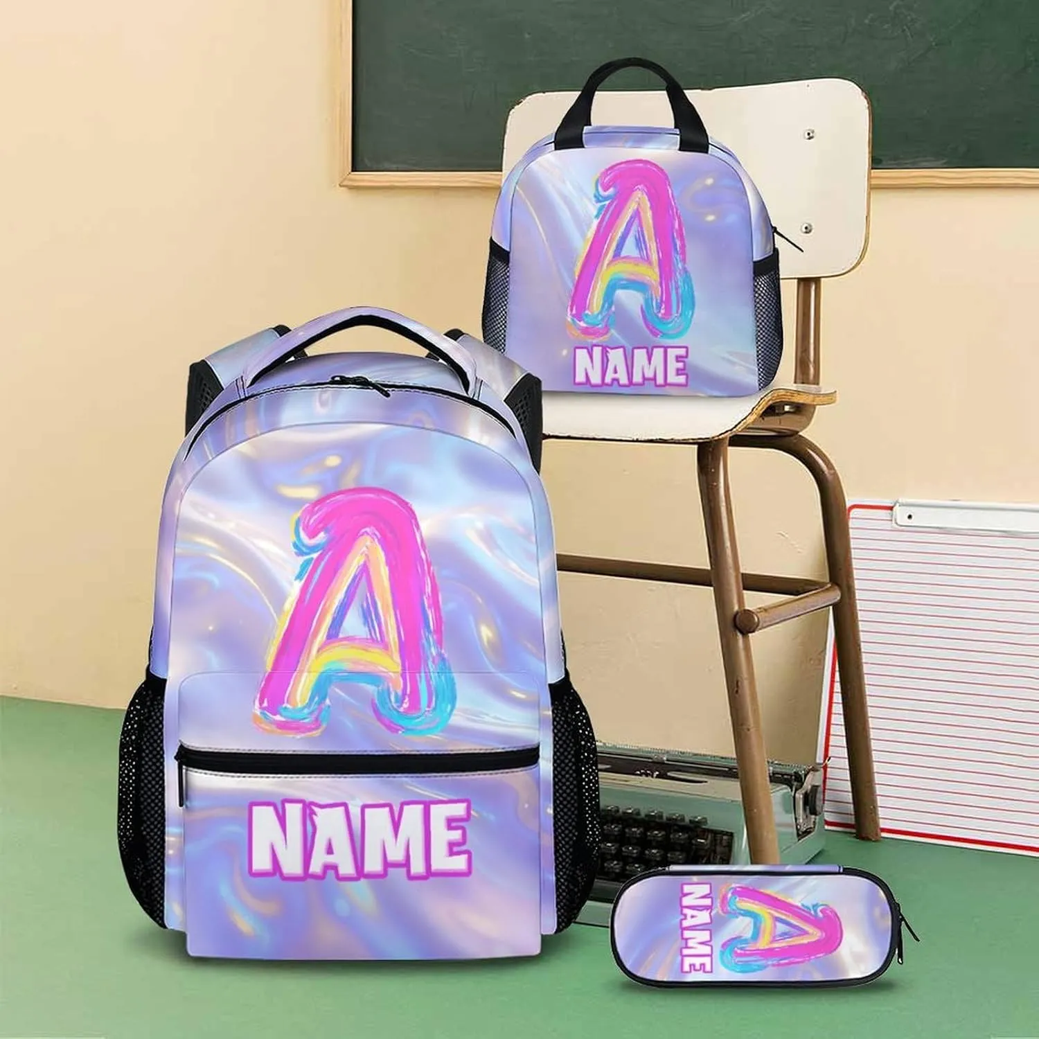 Custom Kids Backpacks, Set of 3 Monogram Backpack with Pencil Case Bundle for Girls, Personalized Initial Letter Bookbag with Lunchbag Matching Combo for Kindergarten Preschool Elementary