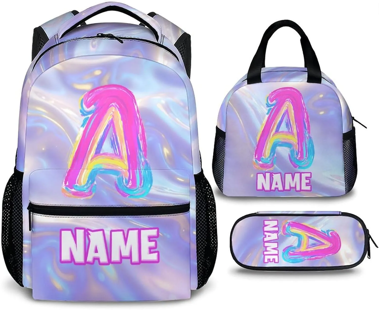 Custom Kids Backpacks, Set of 3 Monogram Backpack with Pencil Case Bundle for Girls, Personalized Initial Letter Bookbag with Lunchbag Matching Combo for Kindergarten Preschool Elementary