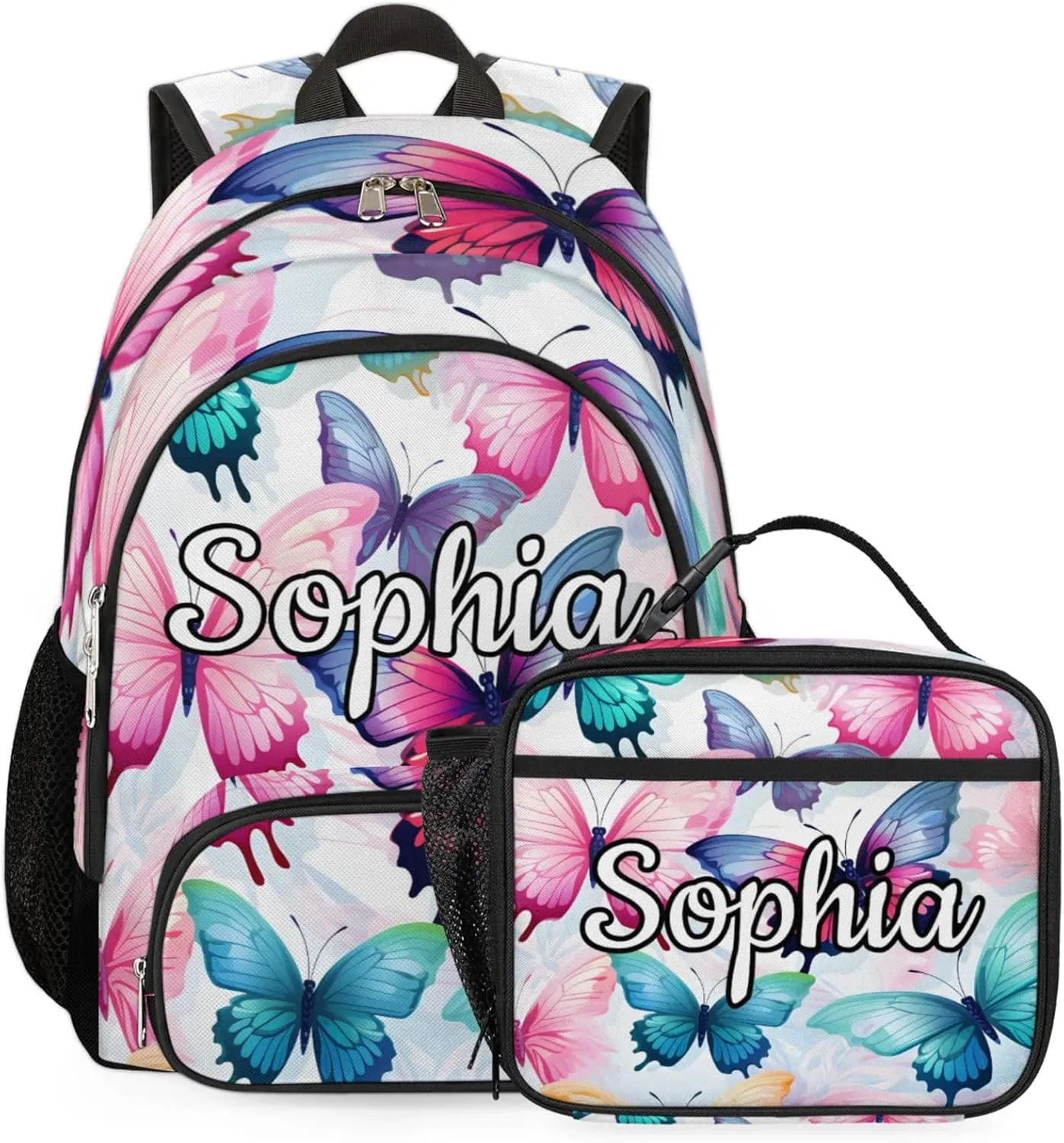 Custom Name Backpack with Lunch Box Set, Beautiful Butterfly Personalized Backpacks and Lunch Bag Shoulder Bag Daypack, Customized Gifts with Cute Butterfly