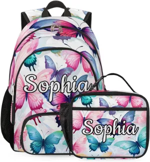 Custom Name Backpack with Lunch Box Set, Beautiful Butterfly Personalized Backpacks and Lunch Bag Shoulder Bag Daypack, Customized Gifts with Cute Butterfly
