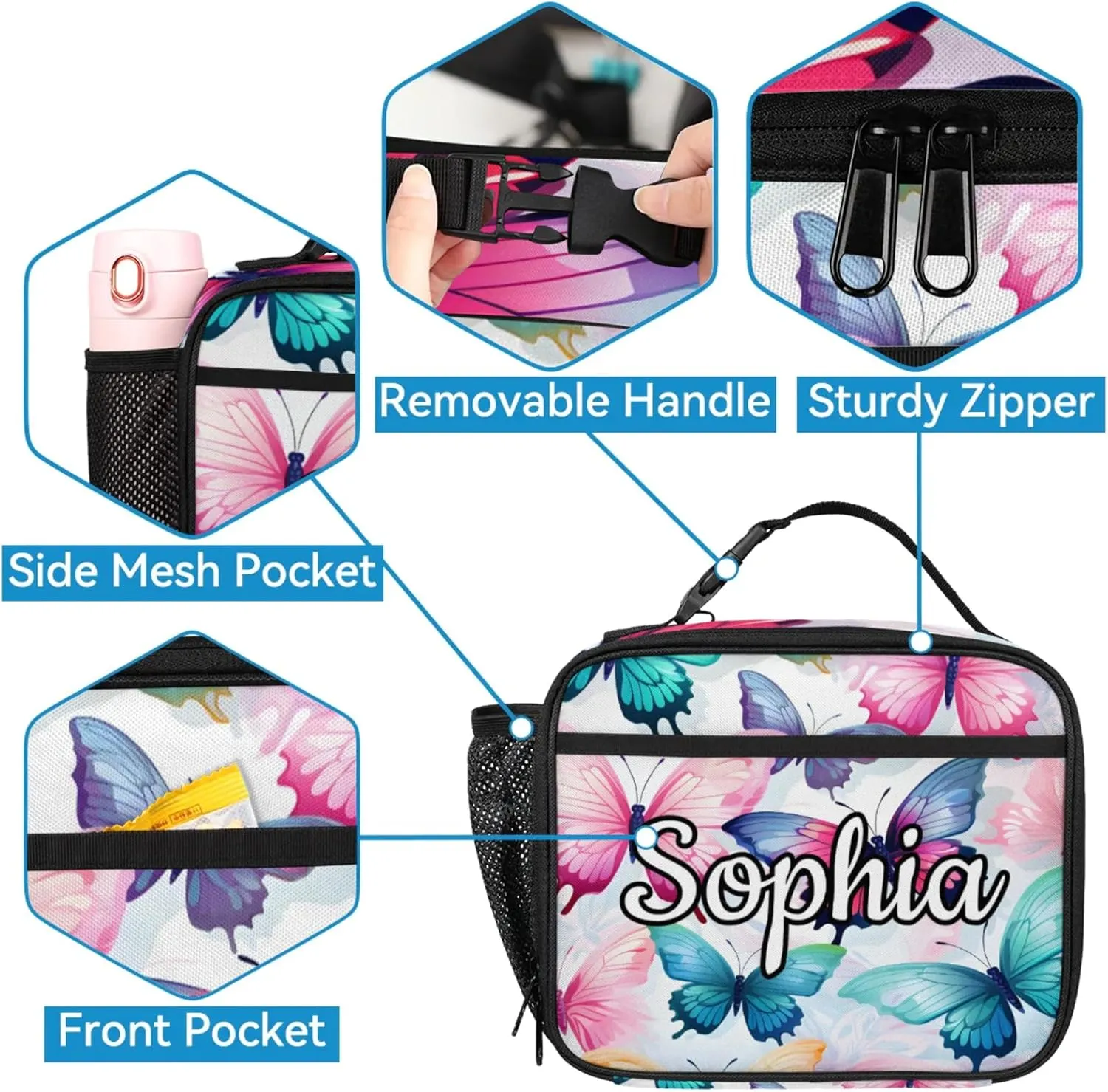 Custom Name Backpack with Lunch Box Set, Beautiful Butterfly Personalized Backpacks and Lunch Bag Shoulder Bag Daypack, Customized Gifts with Cute Butterfly