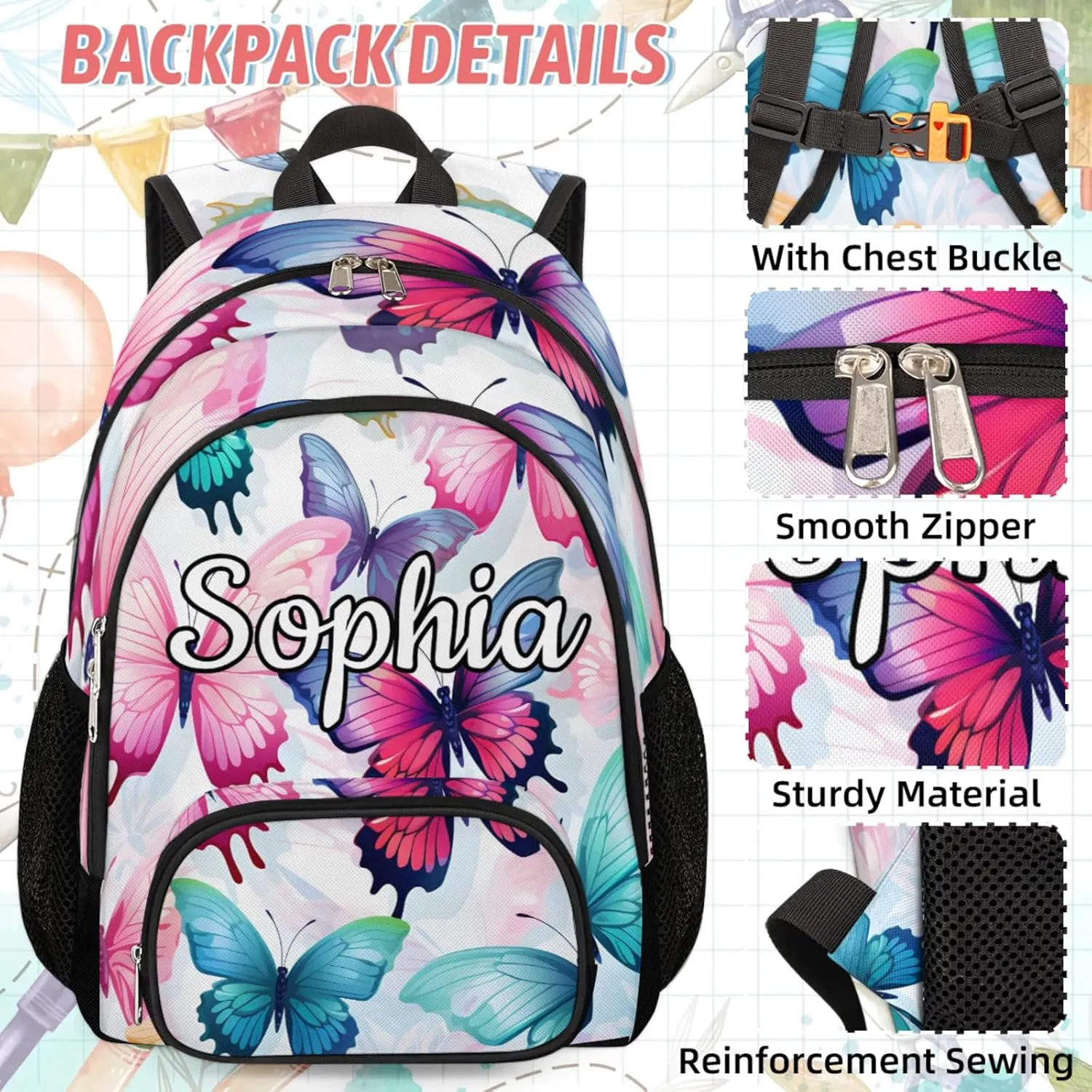 Custom Name Backpack with Lunch Box Set, Beautiful Butterfly Personalized Backpacks and Lunch Bag Shoulder Bag Daypack, Customized Gifts with Cute Butterfly