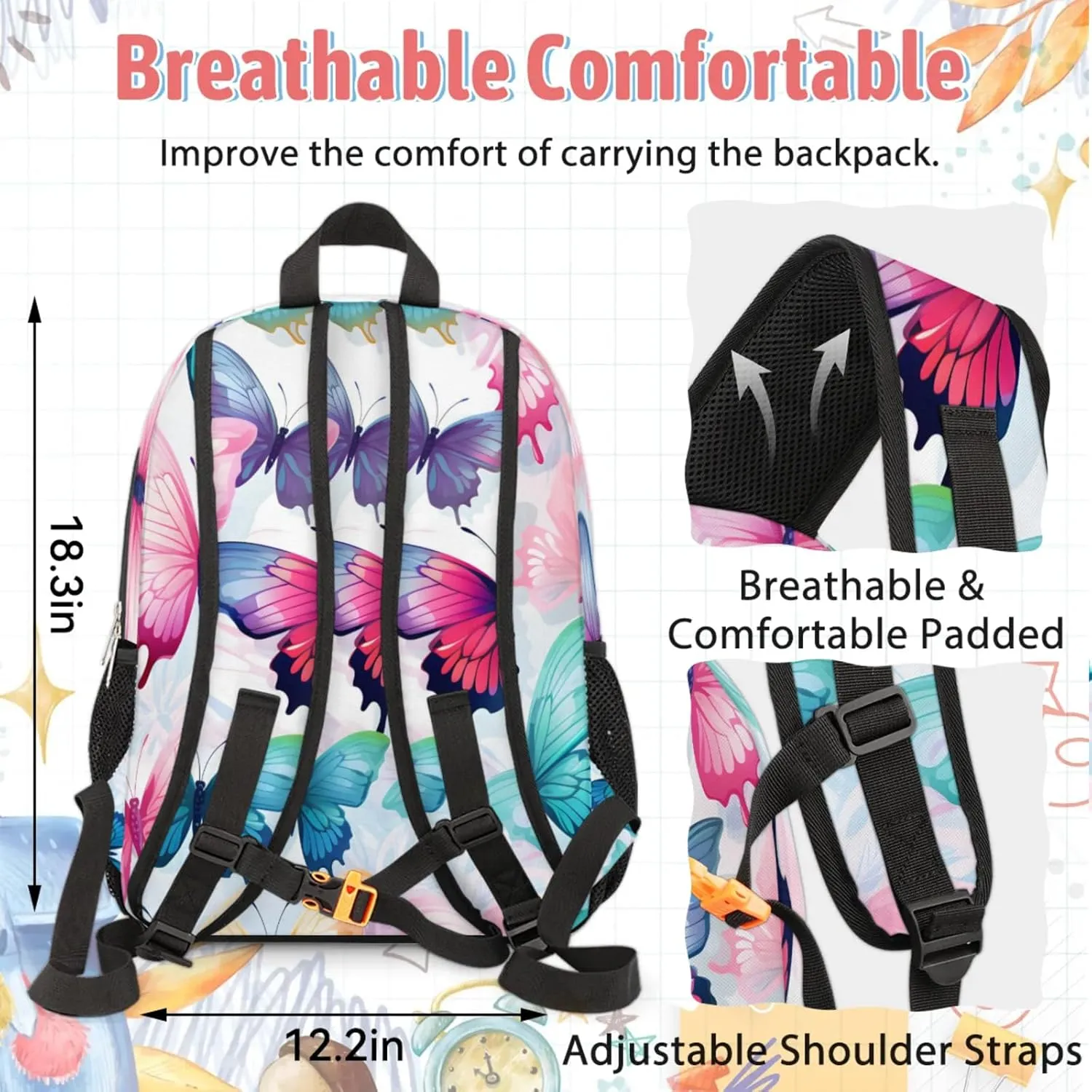 Custom Name Backpack with Lunch Box Set, Beautiful Butterfly Personalized Backpacks and Lunch Bag Shoulder Bag Daypack, Customized Gifts with Cute Butterfly