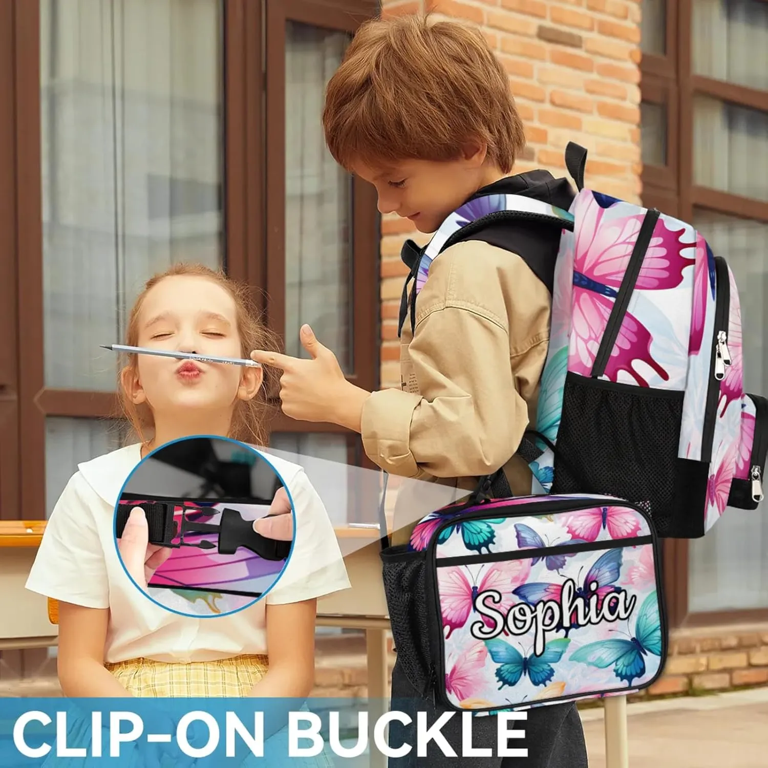 Custom Name Backpack with Lunch Box Set, Beautiful Butterfly Personalized Backpacks and Lunch Bag Shoulder Bag Daypack, Customized Gifts with Cute Butterfly