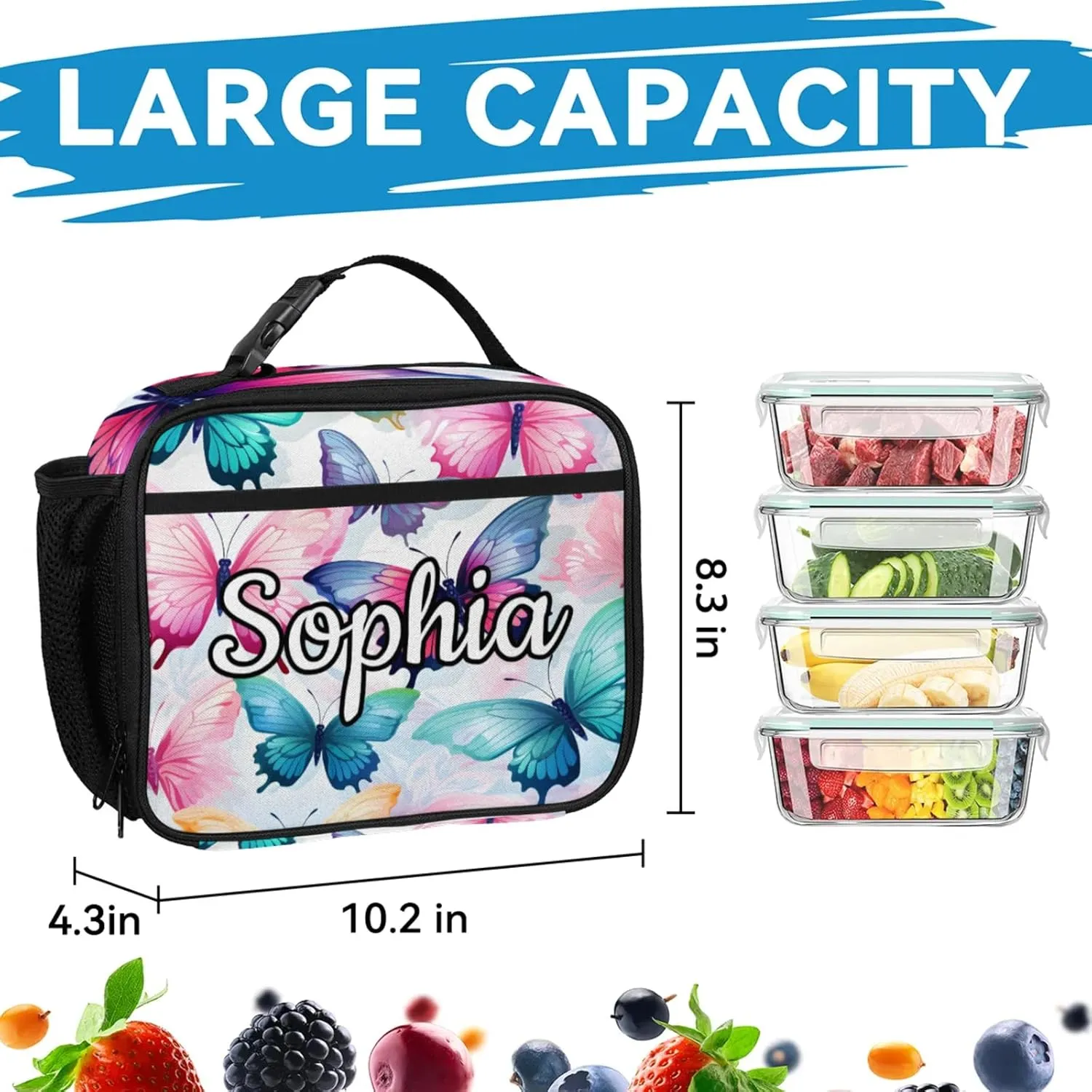 Custom Name Backpack with Lunch Box Set, Beautiful Butterfly Personalized Backpacks and Lunch Bag Shoulder Bag Daypack, Customized Gifts with Cute Butterfly