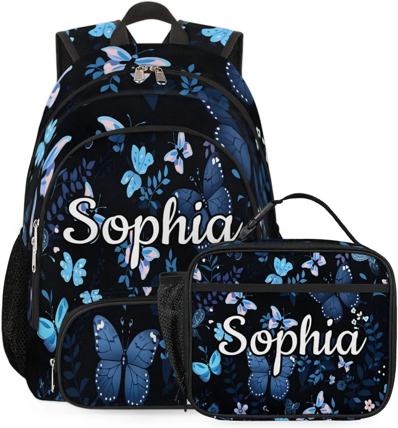 Custom Name Backpack with Lunch Box Set, Butterflies Pattern Personalized Backpacks and Lunch Bag Shoulder Bag Daypack, Customized Gifts with Blue Butterfly