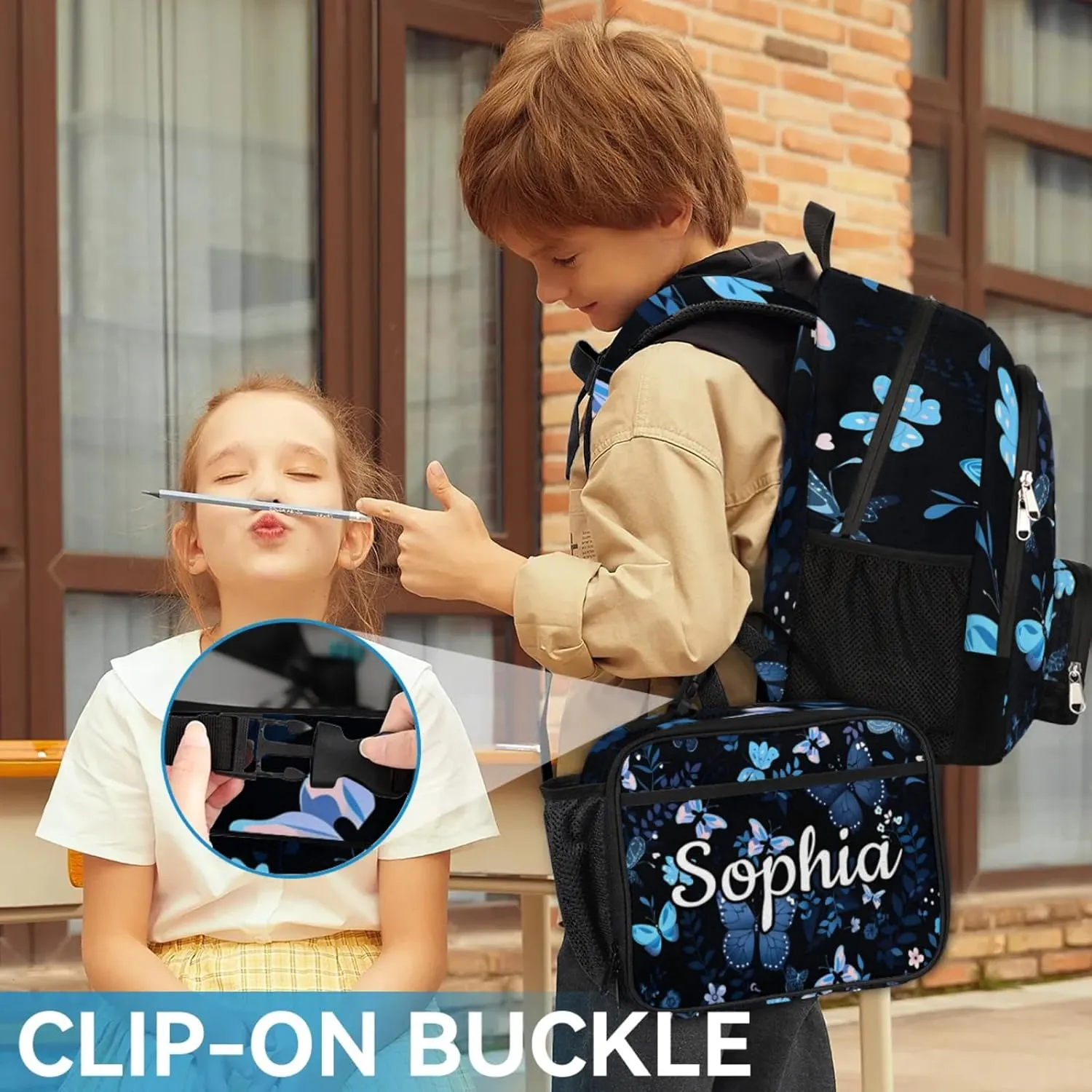Custom Name Backpack with Lunch Box Set, Butterflies Pattern Personalized Backpacks and Lunch Bag Shoulder Bag Daypack, Customized Gifts with Blue Butterfly