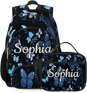 Custom Name Backpack with Lunch Box Set, Butterflies Pattern Personalized Backpacks and Lunch Bag Shoulder Bag Daypack, Customized Gifts with Blue Butterfly