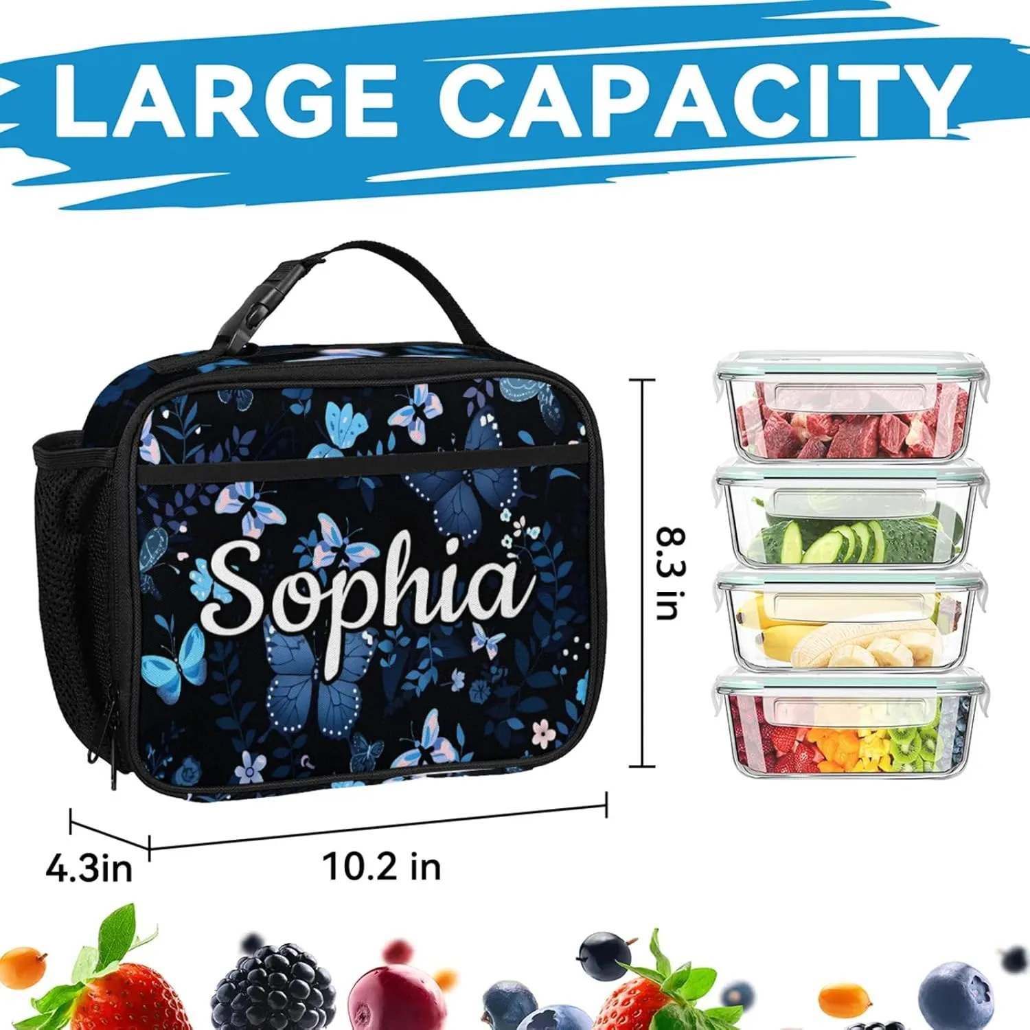 Custom Name Backpack with Lunch Box Set, Butterflies Pattern Personalized Backpacks and Lunch Bag Shoulder Bag Daypack, Customized Gifts with Blue Butterfly