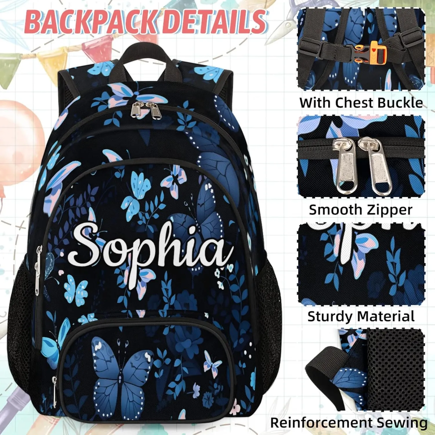 Custom Name Backpack with Lunch Box Set, Butterflies Pattern Personalized Backpacks and Lunch Bag Shoulder Bag Daypack, Customized Gifts with Blue Butterfly