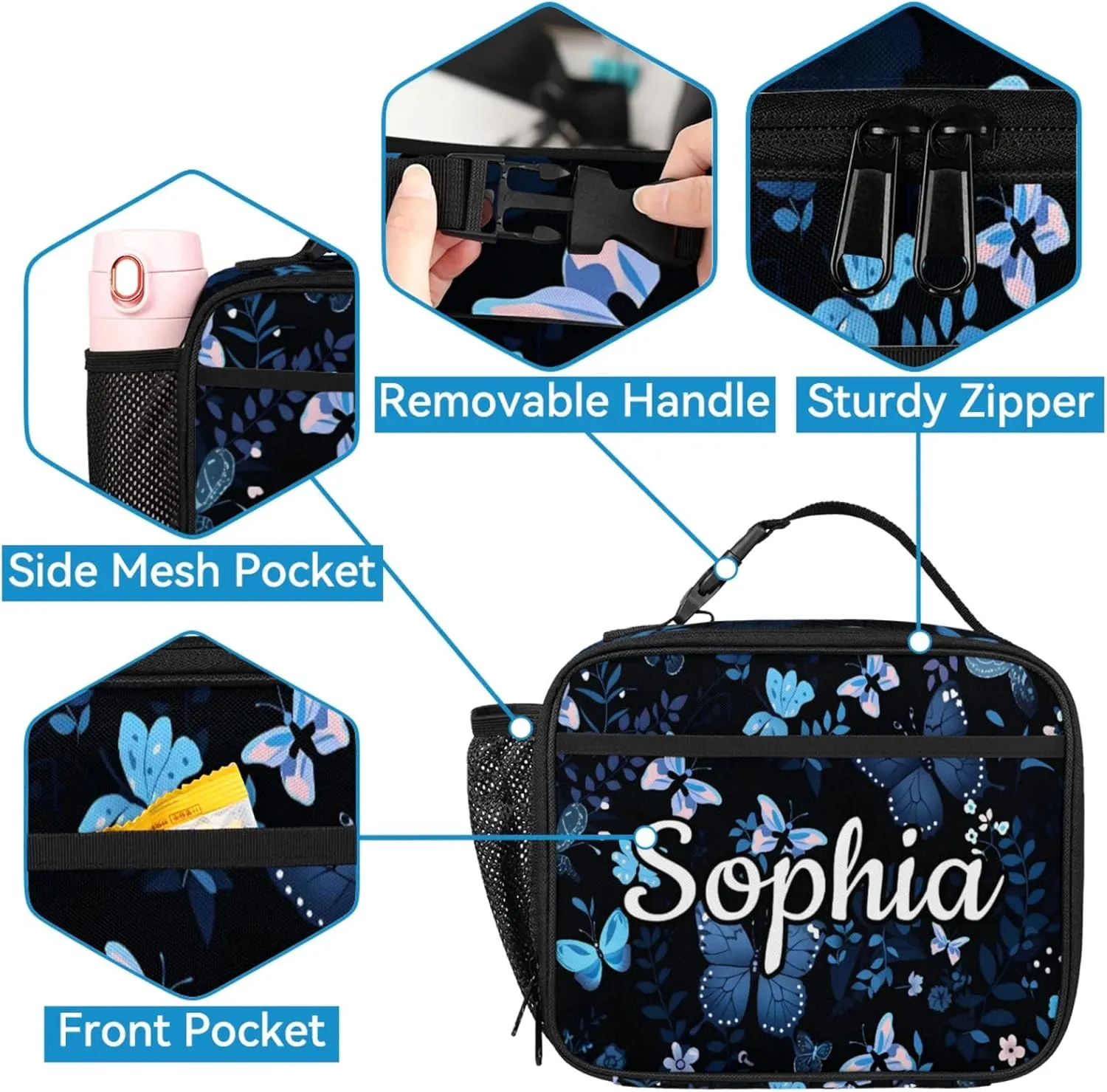 Custom Name Backpack with Lunch Box Set, Butterflies Pattern Personalized Backpacks and Lunch Bag Shoulder Bag Daypack, Customized Gifts with Blue Butterfly