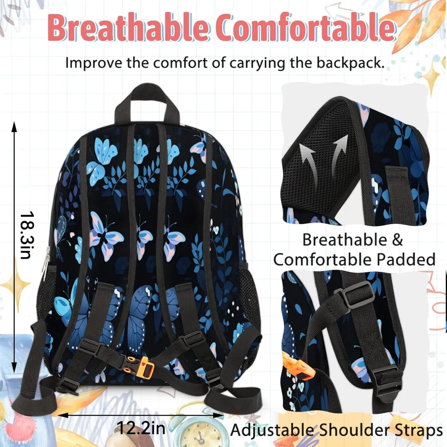 Custom Name Backpack with Lunch Box Set, Butterflies Pattern Personalized Backpacks and Lunch Bag Shoulder Bag Daypack, Customized Gifts with Blue Butterfly
