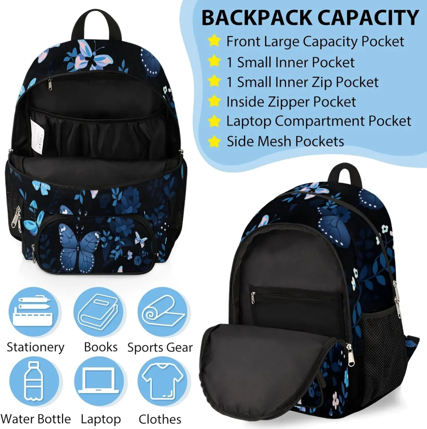 Custom Name Backpack with Lunch Box Set, Butterflies Pattern Personalized Backpacks and Lunch Bag Shoulder Bag Daypack, Customized Gifts with Blue Butterfly
