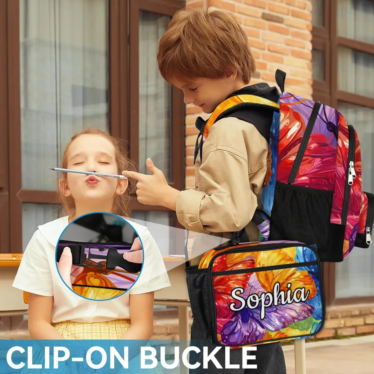 Custom Name Backpack with Lunch Box Set, Butterflies Personalized Backpacks and Lunch Bag Shoulder Bag Daypack, Customized Gifts with Colorful Butterfly