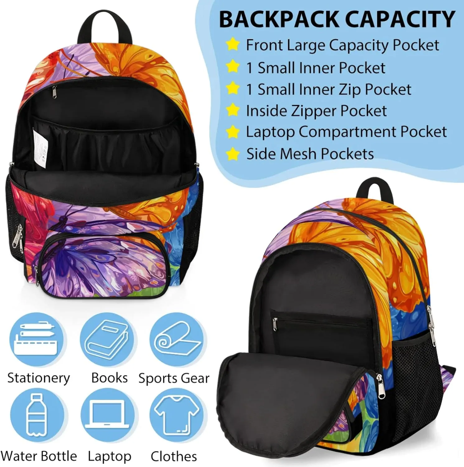 Custom Name Backpack with Lunch Box Set, Butterflies Personalized Backpacks and Lunch Bag Shoulder Bag Daypack, Customized Gifts with Colorful Butterfly