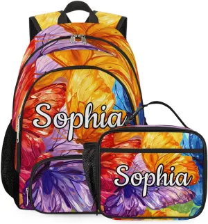 Custom Name Backpack with Lunch Box Set, Butterflies Personalized Backpacks and Lunch Bag Shoulder Bag Daypack, Customized Gifts with Colorful Butterfly