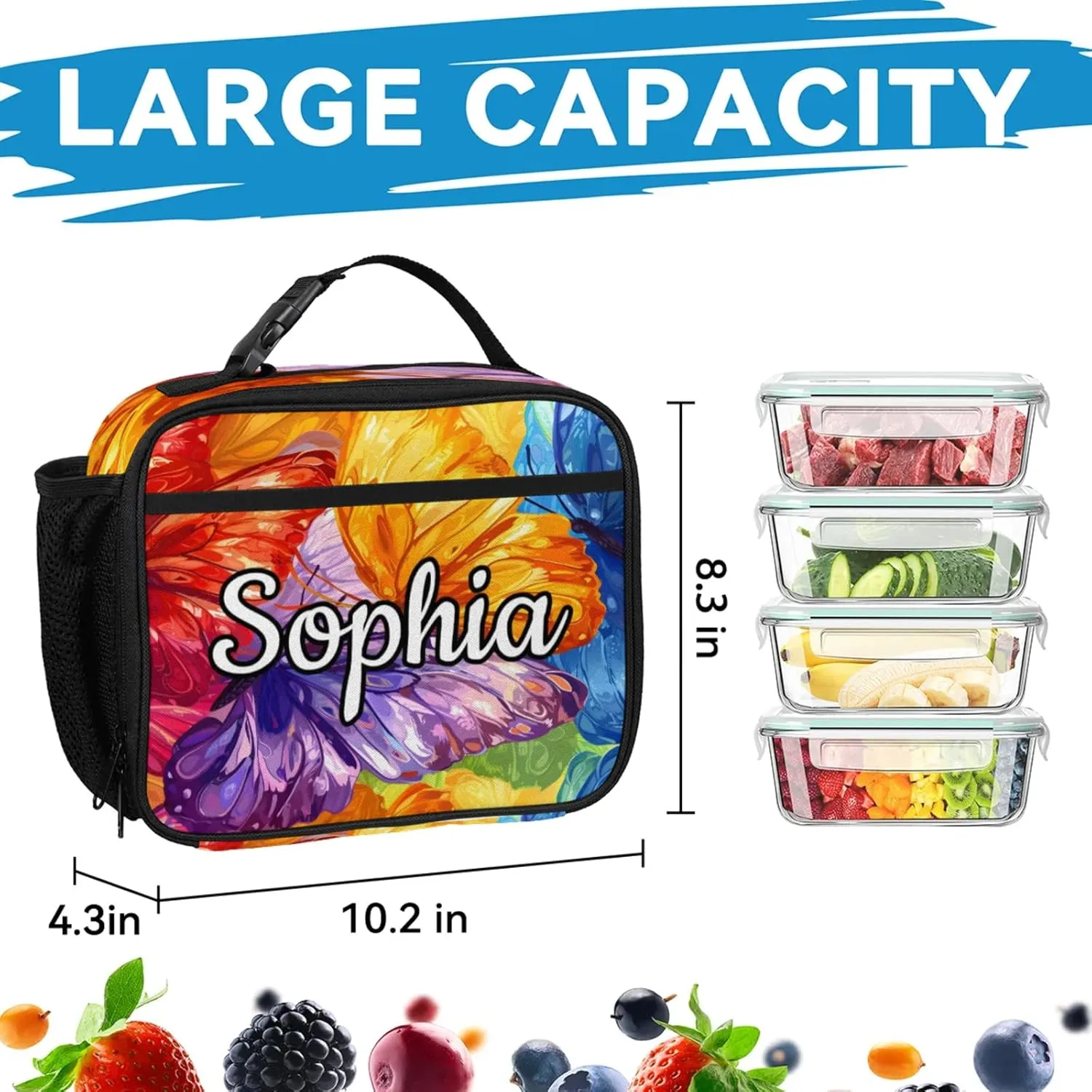 Custom Name Backpack with Lunch Box Set, Butterflies Personalized Backpacks and Lunch Bag Shoulder Bag Daypack, Customized Gifts with Colorful Butterfly