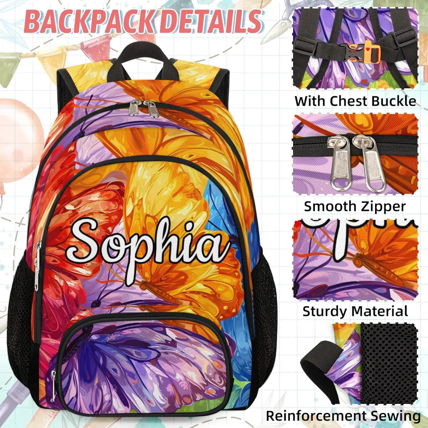 Custom Name Backpack with Lunch Box Set, Butterflies Personalized Backpacks and Lunch Bag Shoulder Bag Daypack, Customized Gifts with Colorful Butterfly