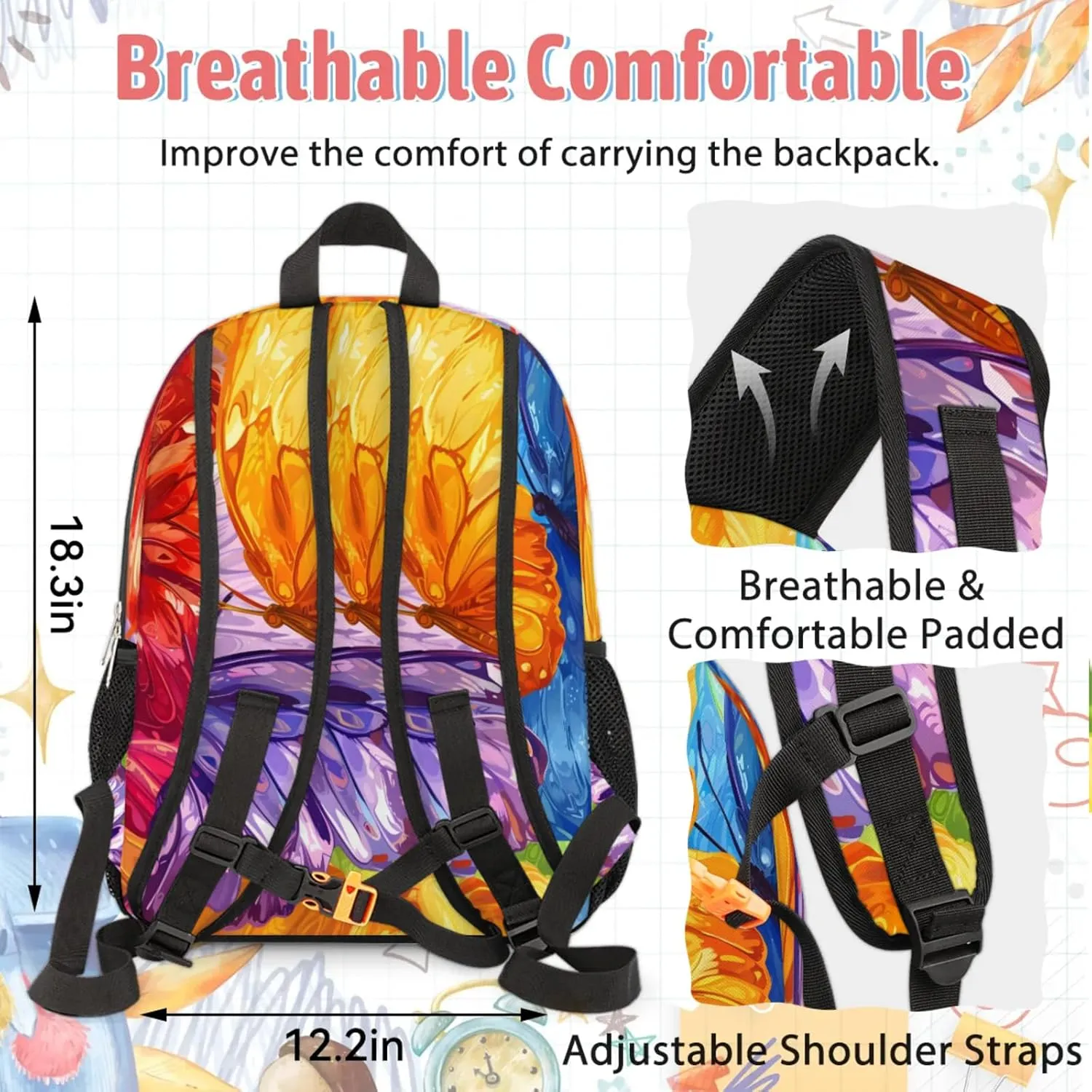 Custom Name Backpack with Lunch Box Set, Butterflies Personalized Backpacks and Lunch Bag Shoulder Bag Daypack, Customized Gifts with Colorful Butterfly