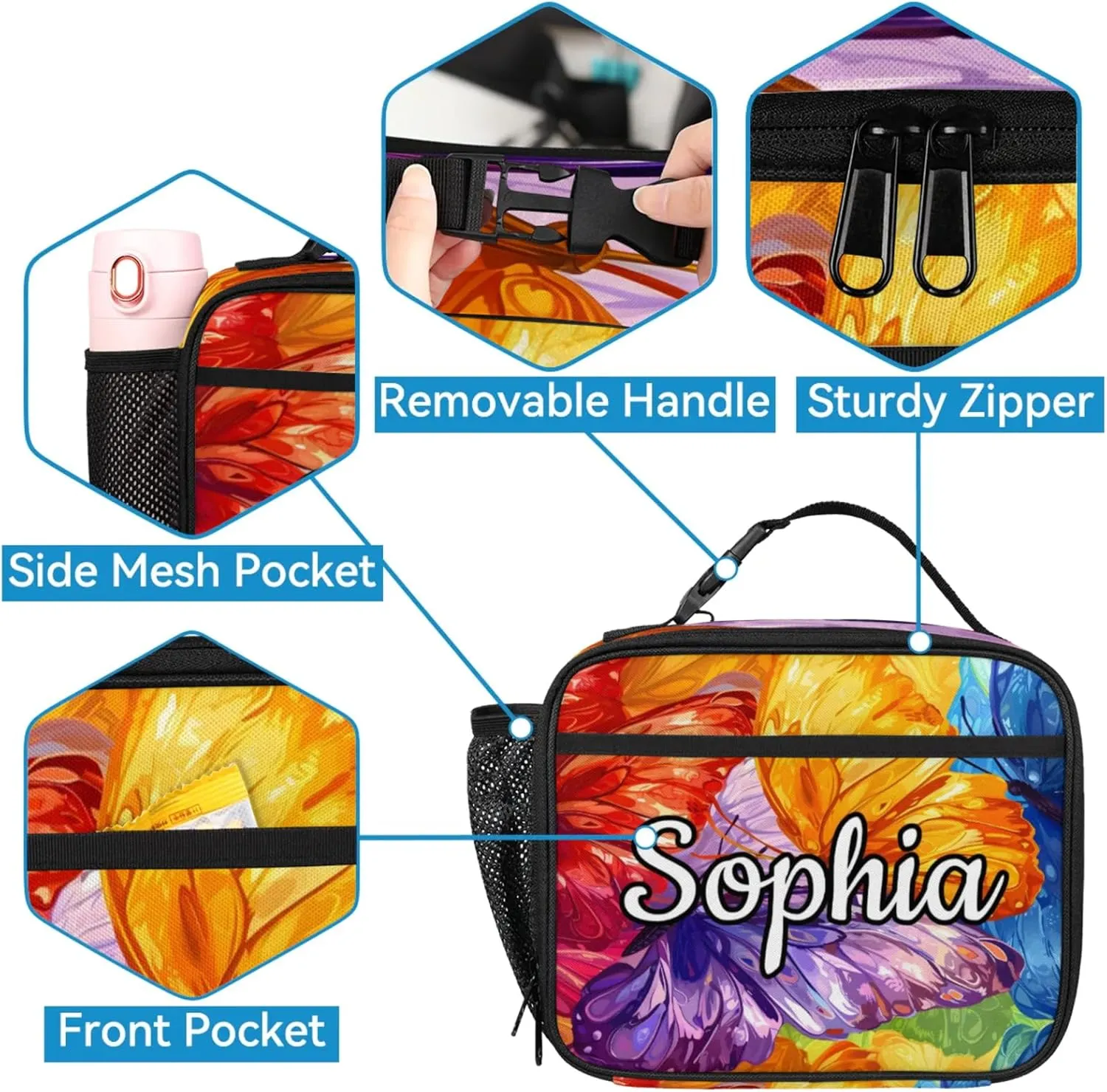 Custom Name Backpack with Lunch Box Set, Butterflies Personalized Backpacks and Lunch Bag Shoulder Bag Daypack, Customized Gifts with Colorful Butterfly