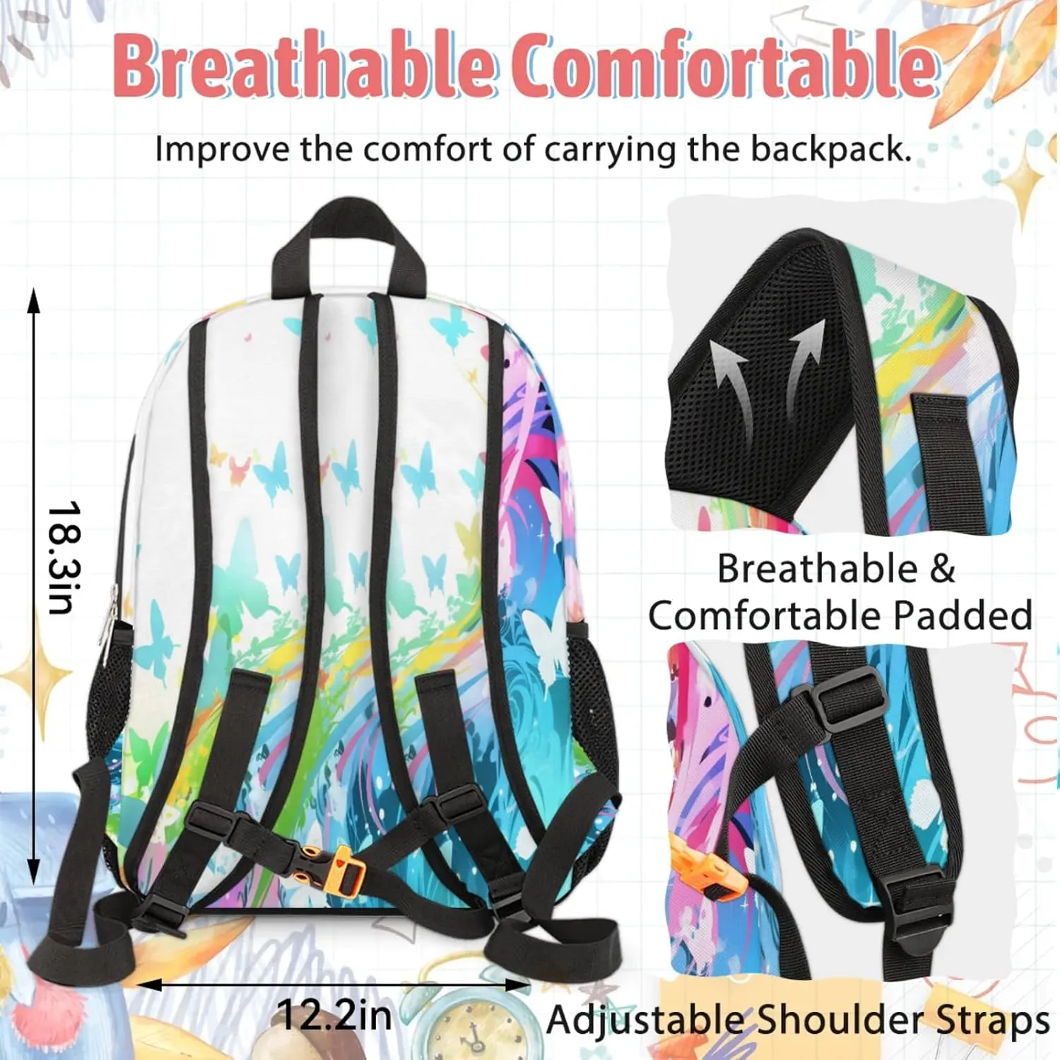 Custom Name Backpack with Lunch Box Set, Butterfly Rainbow Personalized Backpacks and Lunch Bag Shoulder Bag Daypack, Customized Gifts with Butterfly Silhouette