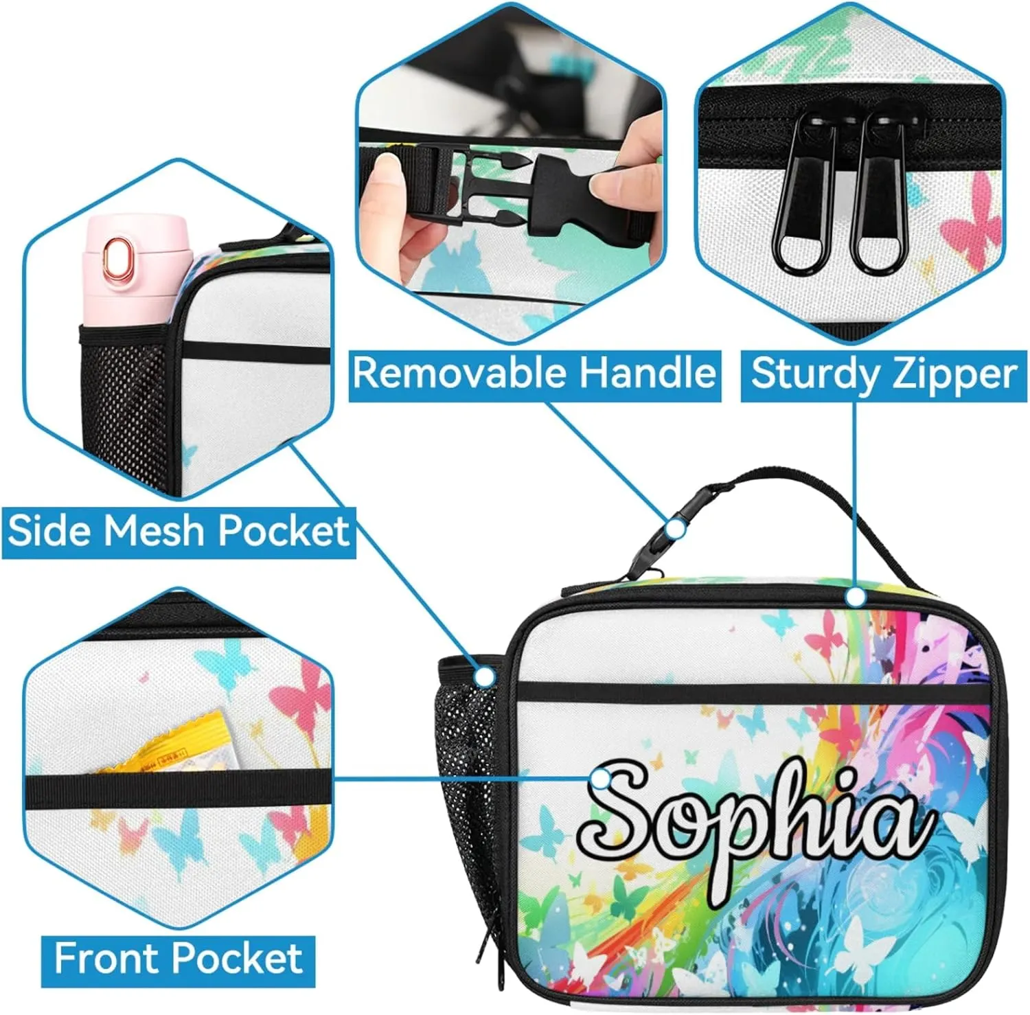 Custom Name Backpack with Lunch Box Set, Butterfly Rainbow Personalized Backpacks and Lunch Bag Shoulder Bag Daypack, Customized Gifts with Butterfly Silhouette